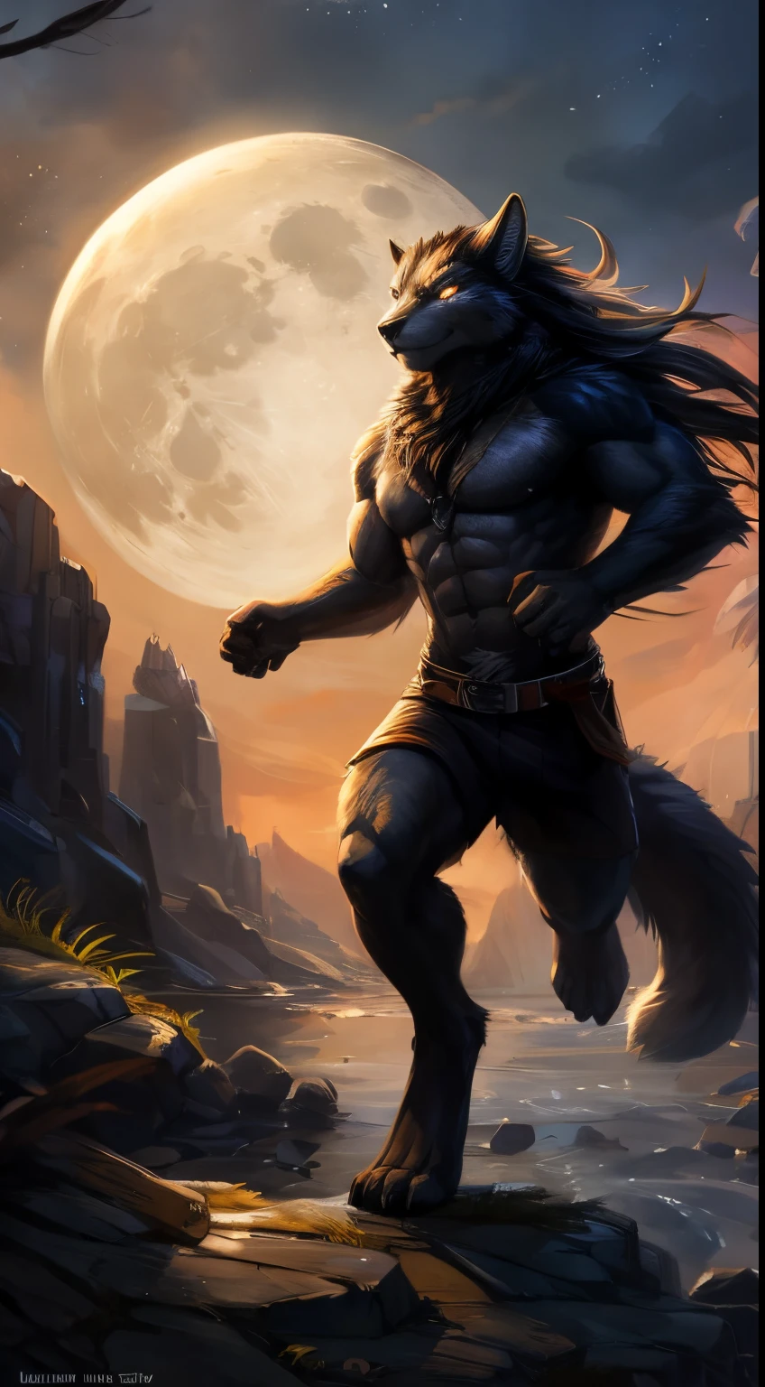 wereLeopard male, full body covered in fluffy fur, , big muscular chest, volumetric abs, day, sensual, detailed, uploaded to e621, beautiful and detailed portrait of an anthropomorphic black wereLeopard(((male))) kenket, ross tran, ruan jia, uploaded to e621, zaush, foxovh, movie lighting, moon lights, running, glowing eyes, black fur, long dark mane of hair