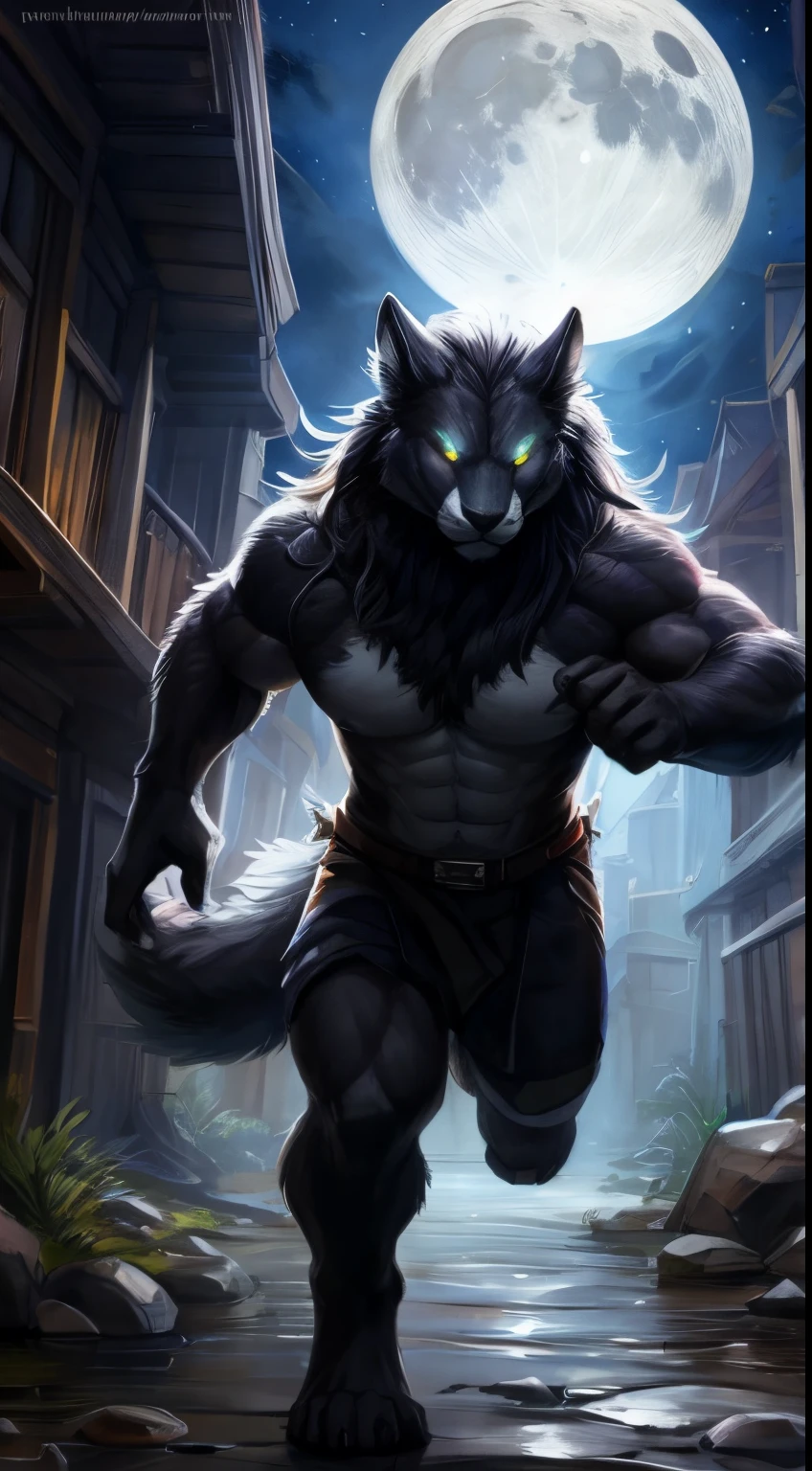 wereLeopard male, full body covered in fluffy fur, , big muscular chest, volumetric abs, day, sensual, detailed, uploaded to e621, beautiful and detailed portrait of an anthropomorphic black wereLeopard(((male))) kenket, ross tran, ruan jia, uploaded to e621, zaush, foxovh, movie lighting, moon lights, running, glowing eyes, black fur, long dark mane of hair
