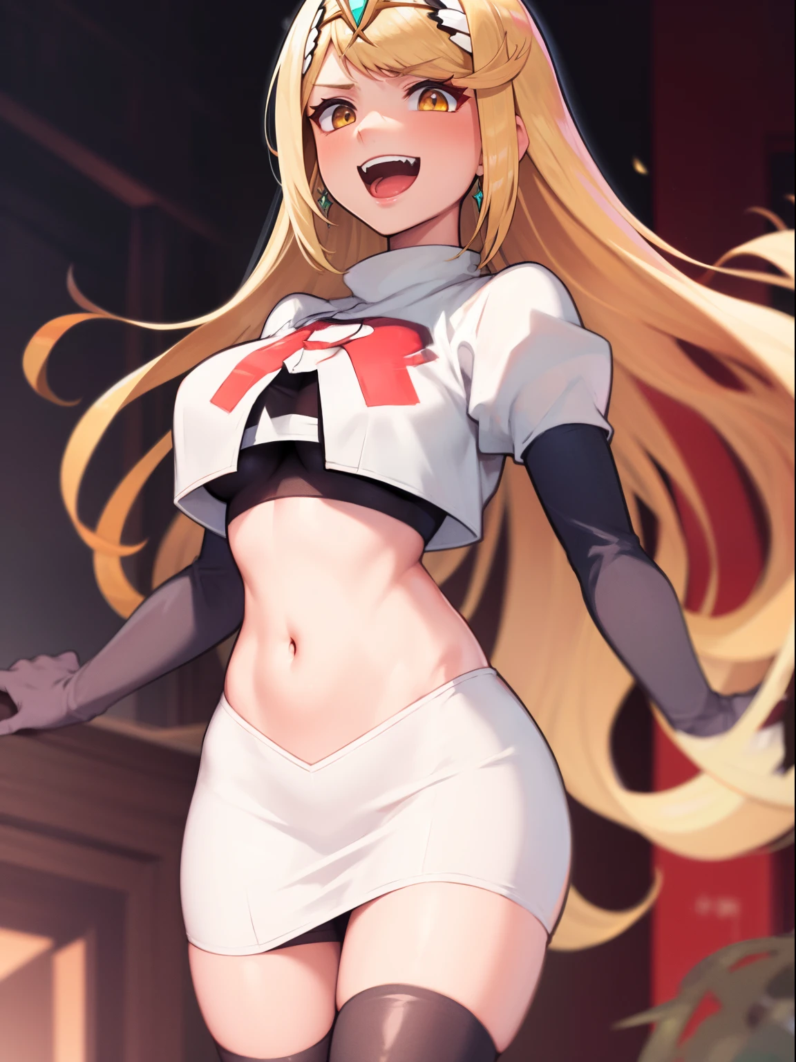 mythra \(xenoblade\), blond hair, yellow eyes, team rocket uniform, red letter R, white skirt,white crop top,black thigh-high boots, black elbow gloves, evil laugh,