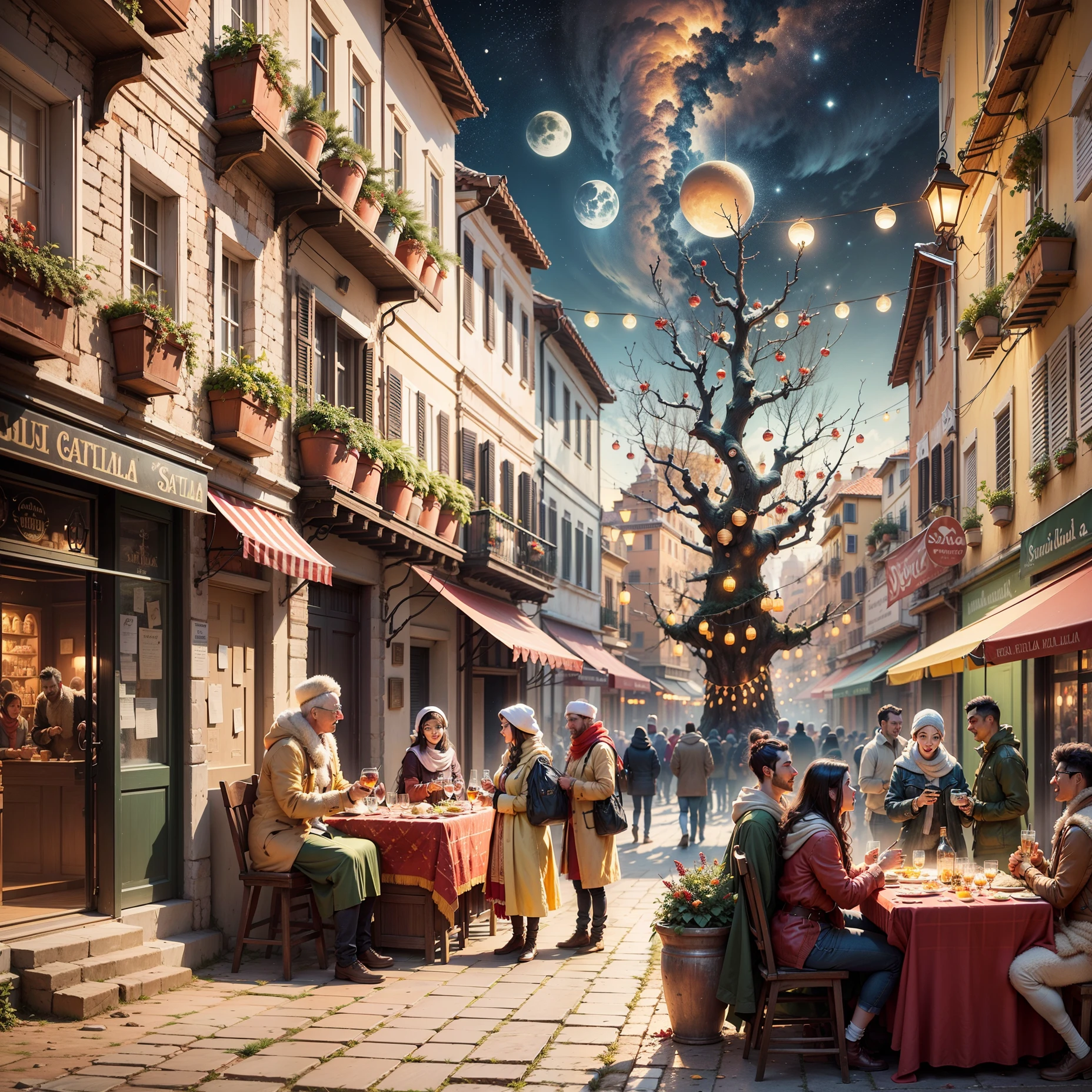A vibrant illustration depicting the ancient city of Rome during the festive season of Saturnalia, with people engaged in merrymaking activities. --auto --s2
