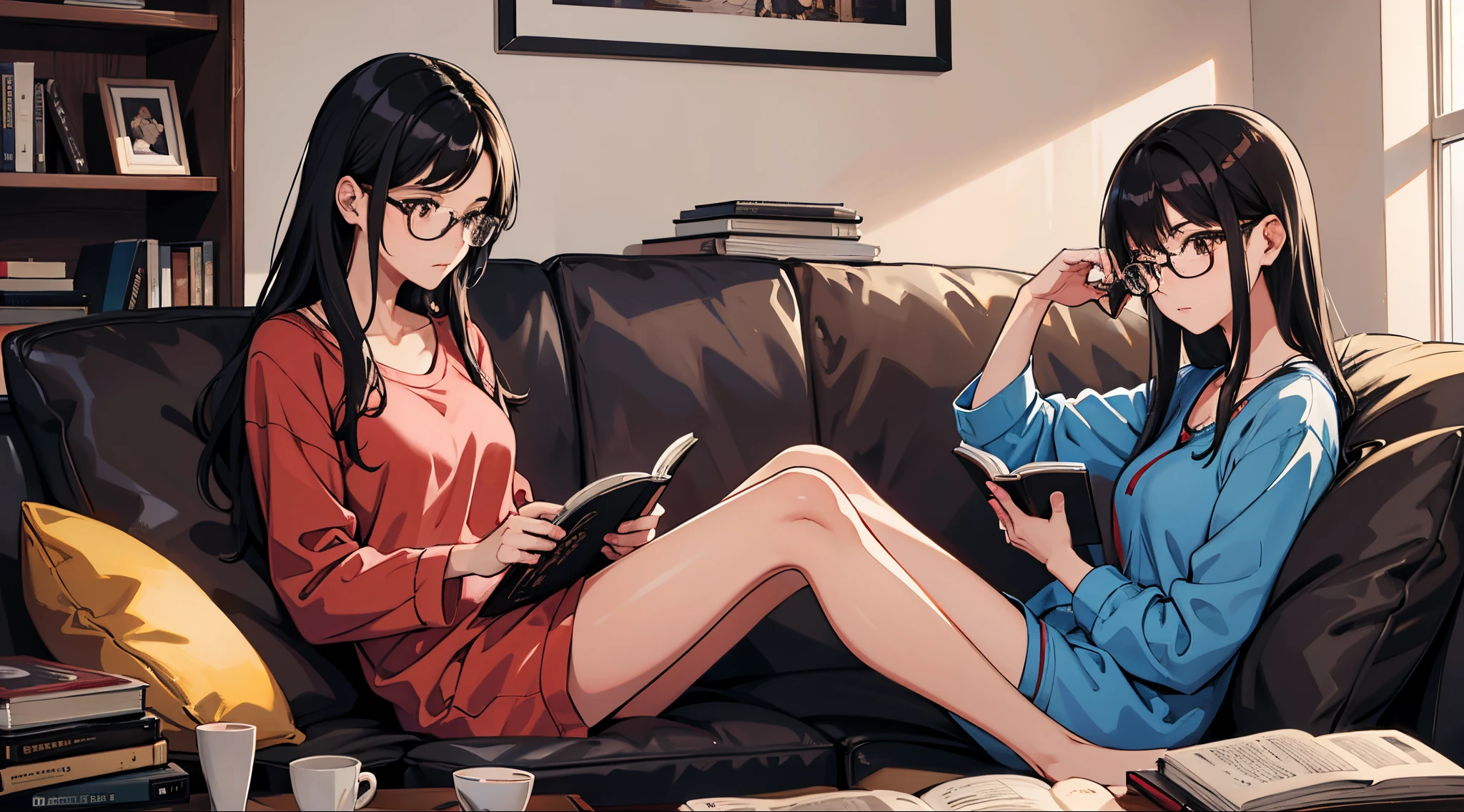 1 woman, 30 years old, long black hair, brown eyes, glasses, wearing comfy pajamas, lying on the couch of her apartment, high res, ultrasharp, 8K, masterpiece, reading a book, not looking at camera, wearing earphones, interested expression reading her book