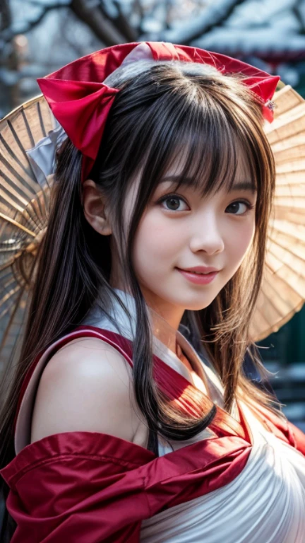 (masutepiece:1.3, Photorealsitic:1.4, 8K), top-quality, masterpiece, 超A high resolution, Perfect dynamic composition, Highly detailed skin and facial texture:1.3, A detailed eye, Detailed limbs, Night precincts in snowy country:1.2, 1girl in, Cute sexy 22 year old slim woman, Fair skin, ((Natural smile:0.9, Totally captivates you:1.0)), ((accurate shrine maiden costume)), ((voluptuous breasts:0.9)), (Facing the front, randome pose), (Beautiful blue eyes, Eyes that feel beautiful eros:0.85), Sexy face:0.4, (A mouthfeel that feels beautiful eros:0.85), ((Too cute beauty:0.9))