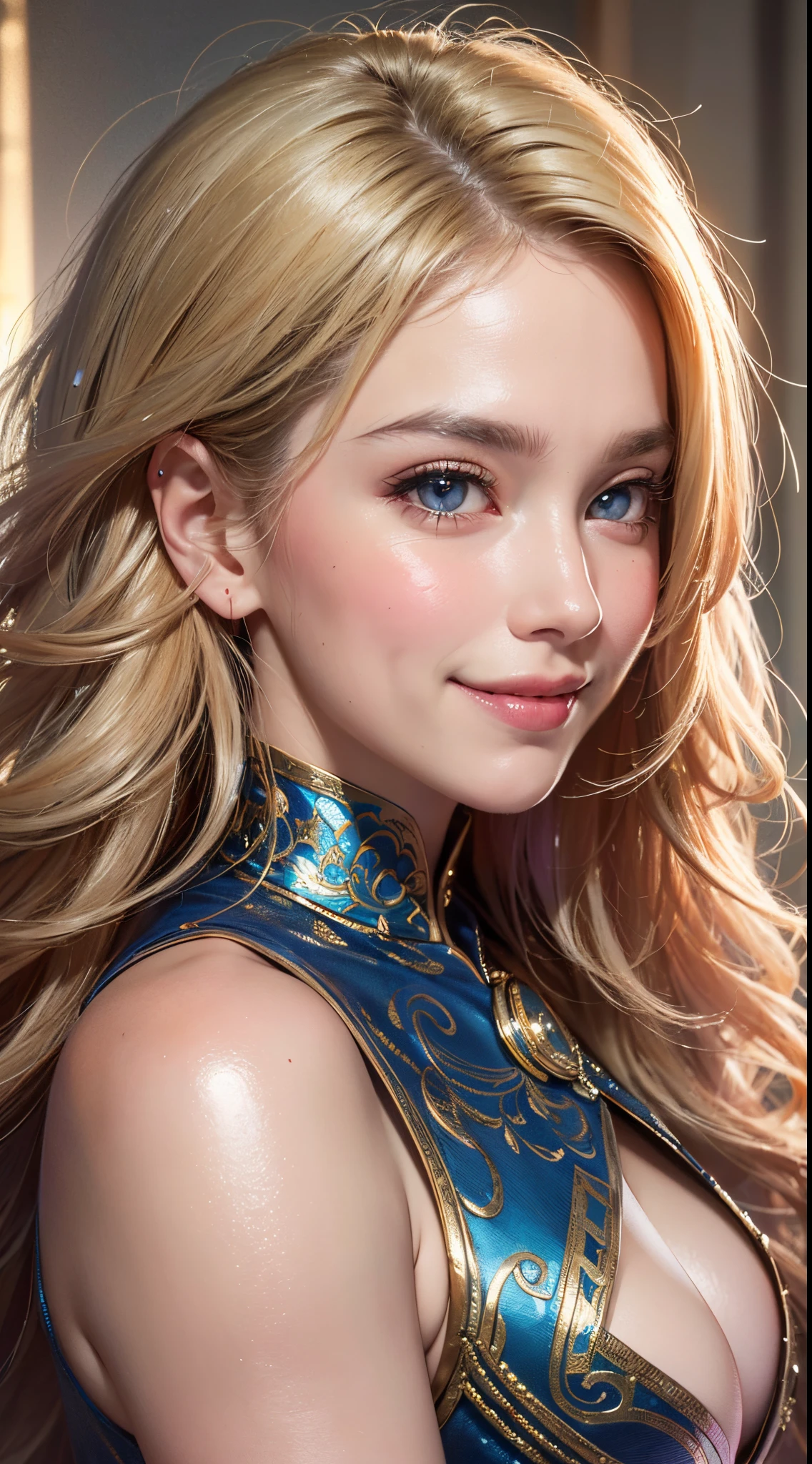(UHD, retina, masterpiece, ccurate, anatomically correct, textured skin, super detail, high details, high quality, best quality, highres, 1080P, HD, 4K, 8k, 16k), (beautiful detailed eyes, beautiful detailed lips, extremely detailed eyes and face), studio lighting, physically-based rendering, vivid colors, (big tits, super big tits, super extra big tits, glamorous body), (wise man:1.5), (portrait, blonde hair, shiny hair, shiny skin), (bokeh), (tilt your head to the side:1.5), eye reflection, (blush, smile:1.5),