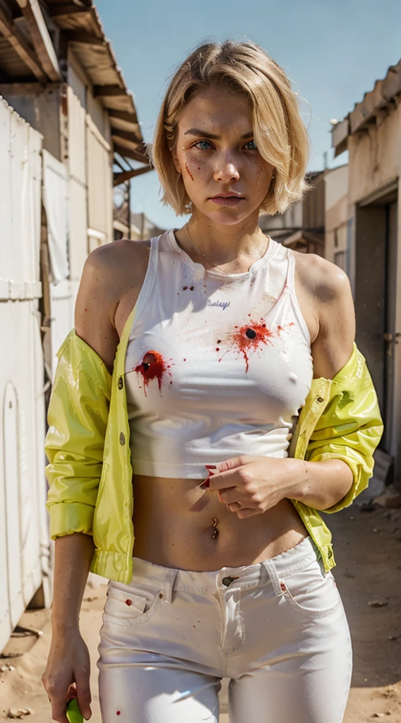 1woman, 100% Jennifer Holland face, solo, white background, wattson, masterpiece, highly detailed, blue eyes, blonde hair, short hair, Fluorescent green jacket, With a green Fluorescent tank top, Rubber Gloss, white rubber skinsuit, knife on her hand, Yellow sport shoes , white pants, blush, plain background, 100% Jennifer Holland face, sad a angry expression, Red blood spatters on her clothes and face, as if he had fought with someone, knife on her hand, desert of Arizona blurred background