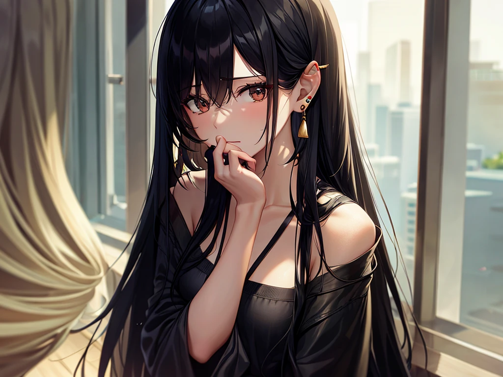 Beautiful woman with long black hair,Put on your ears