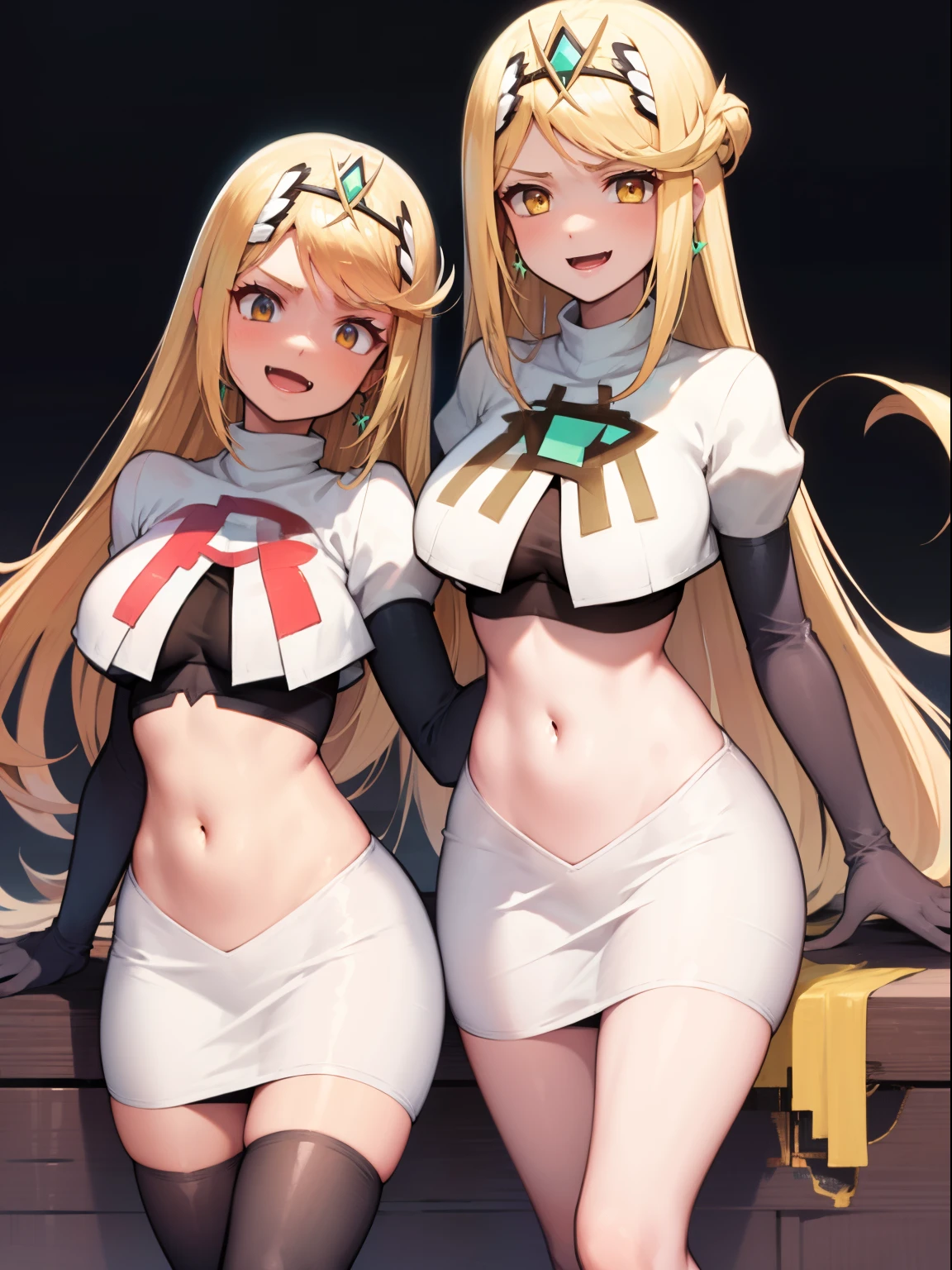 mythra \(xenoblade\), blond hair, yellow eyes, team rocket uniform, red letter R, white skirt,white crop top,black thigh-high boots, black elbow gloves, evil laugh,