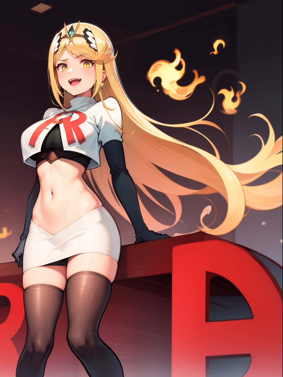 mythra \(xenoblade\), blond hair, yellow eyes, team rocket uniform, red letter R, white skirt,white crop top,black thigh-high boots, black elbow gloves, evil laugh,