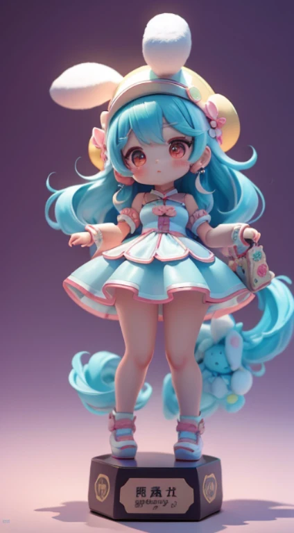 Chinese zodiac,Super cute girl with bunny shaped hat,Technology elements,Stylish clothes,Super cute IP by Pop Mart,chi bi,Models,a blind box toy,Fine shine,clean backdrop,3Drenderingof,OC rendering,Best quality at best,4k,super detailing,front-facing view,POP market toys,studio lit,Stand up