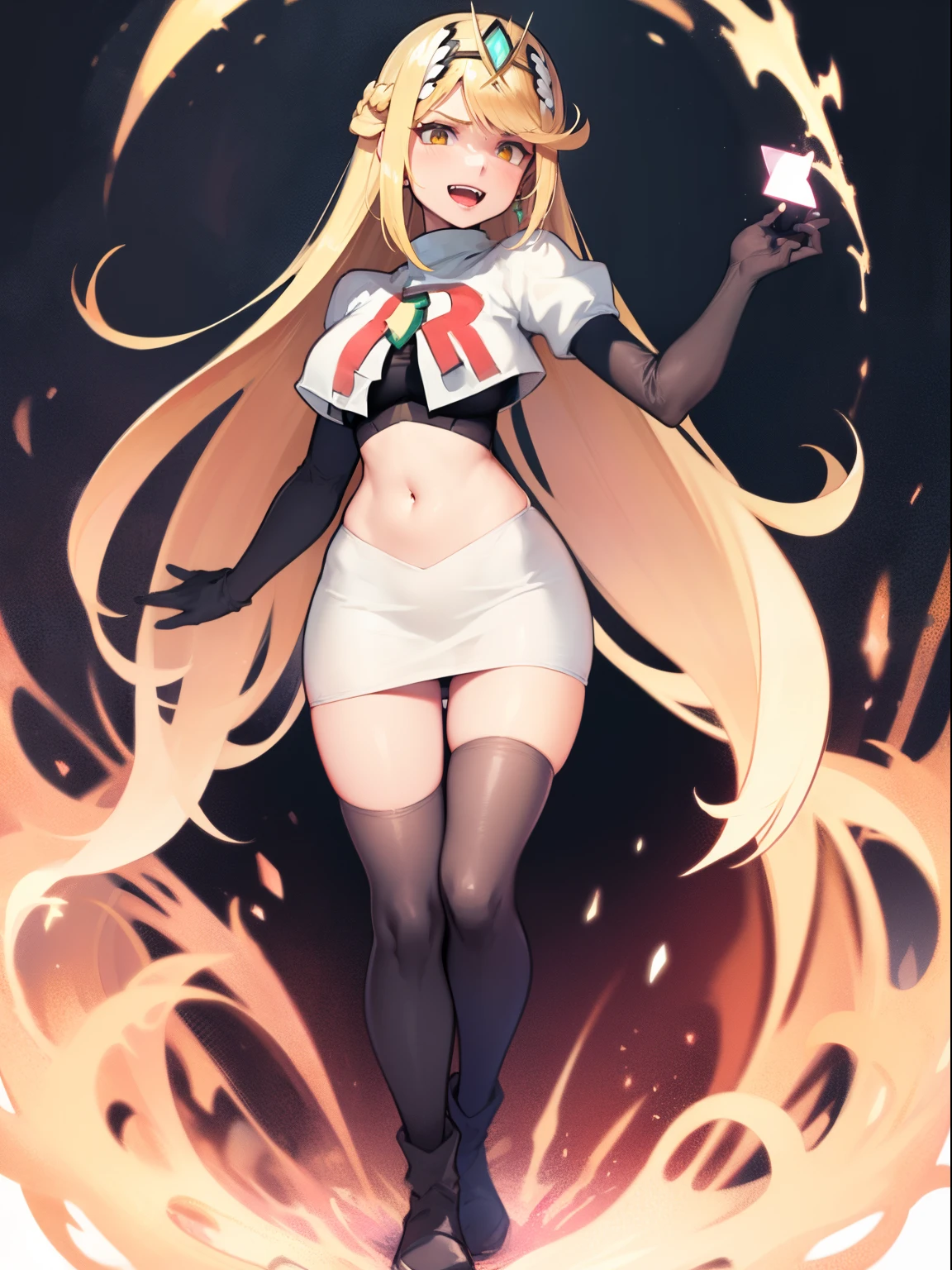 mythra,team rocket,team rocket uniform, red letter R, white skirt,white crop top,black thigh-highs,black elbow gloves, evil laugh