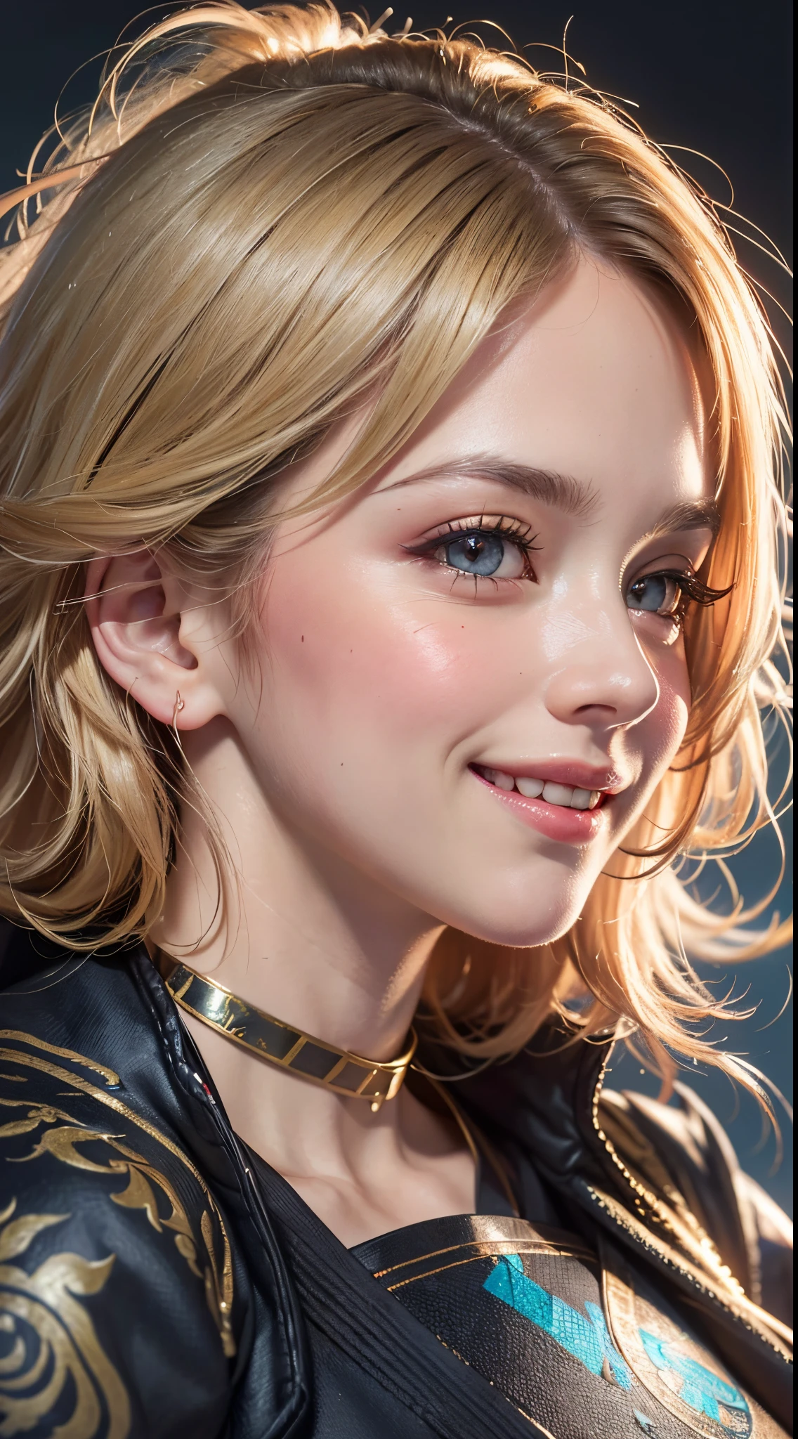 (UHD, retina, masterpiece, ccurate, anatomically correct, textured skin, super detail, high details, high quality, best quality, highres, 1080P, HD, 4K, 8k, 16k), (beautiful detailed eyes, beautiful detailed lips, extremely detailed eyes and face), studio lighting, physically-based rendering, vivid colors, (big tits, super big tits, super extra big tits, glamorous body), (martial artist:1.5), (portrait, blonde hair, shiny hair, shiny skin), (bokeh), (tilt your head to the side:1.5), eye reflection, (blush, smile:1.5),