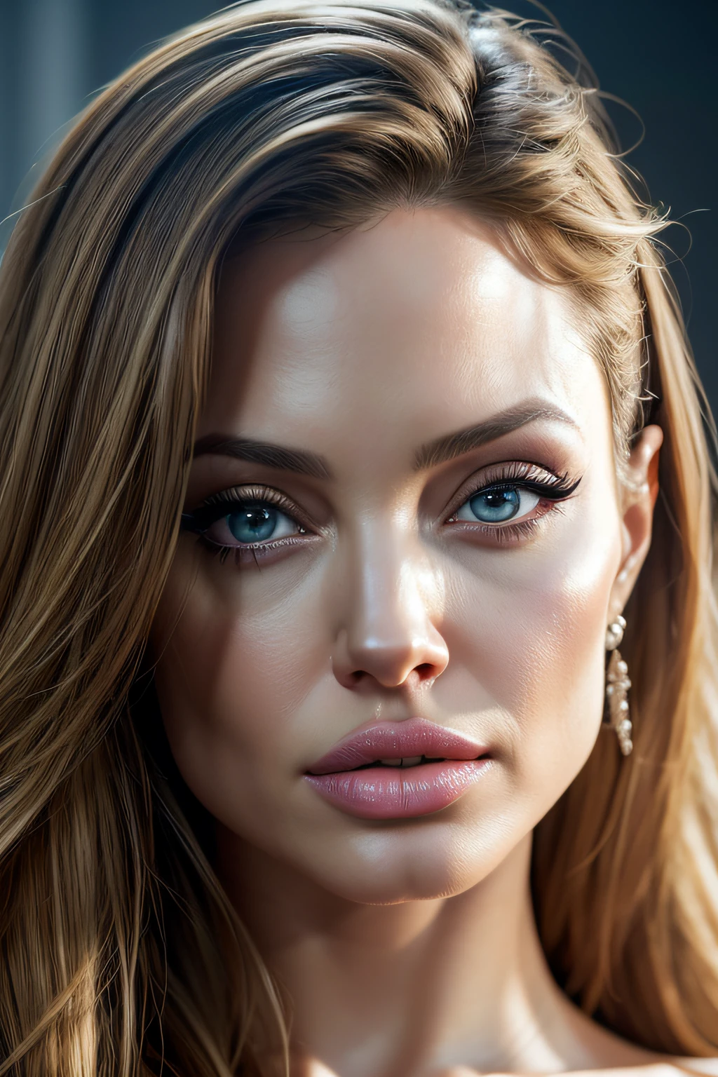 (best quality,4k,alto:1.2),ultra-detalhado,Realistic, fotografia, profissional, studio lighting, vivid colors, foco nítido, Physically-based rendering,HDR, olhos e rosto extremamente detalhados, beautiful detailed lips, long eyelashes, Atriz Angelina Jolie, Mulher 20 anos, loiro, Curvy, Looking at the Viewer,