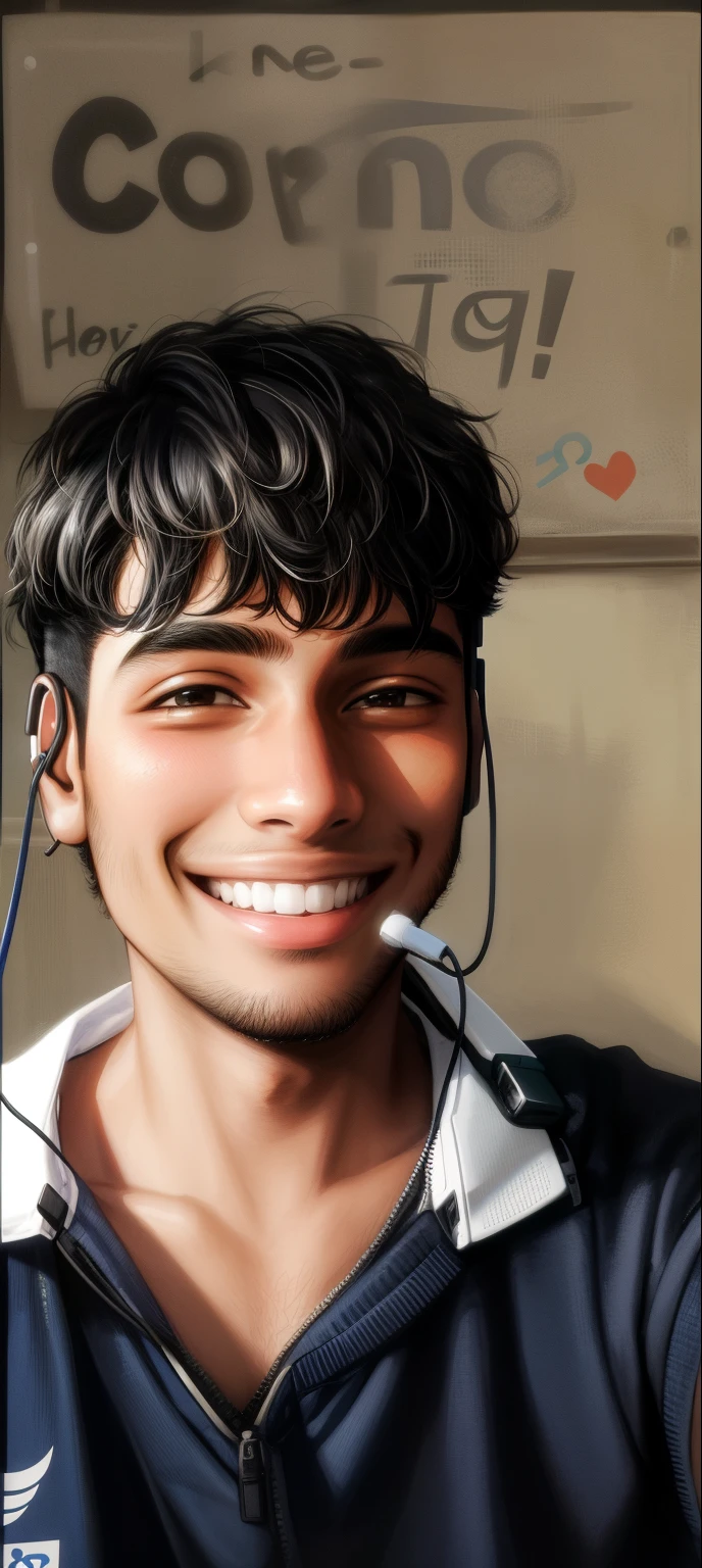 smiling man with earphones on his head and a microphone in his ear, with a happy expression, with a beautifull smile, with accurate face, around 1 9 years old, jayison devadas, with head phones, without helmet, good looking face, insane smile, 8k selfie photograph, selfie photo, front profile!!!!, ayan nag, lovely smile, friendly smile cyberpunk