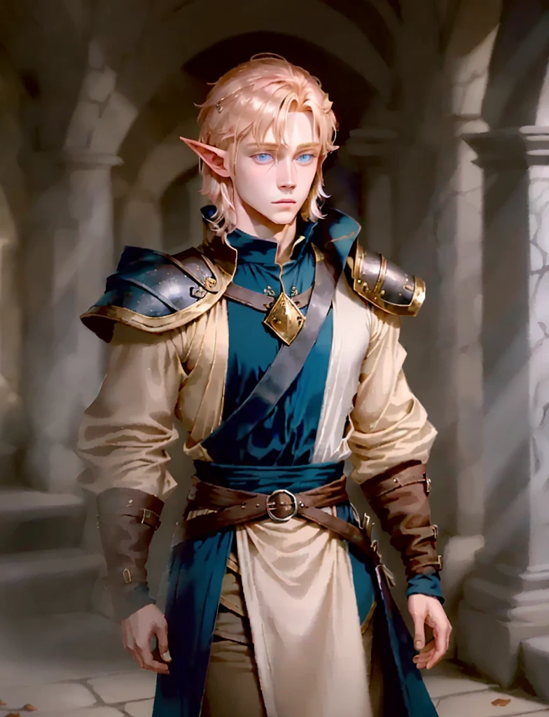 A dnd charitee who is a cleric half elf male who is handsome and young he is blond and has blue eyes