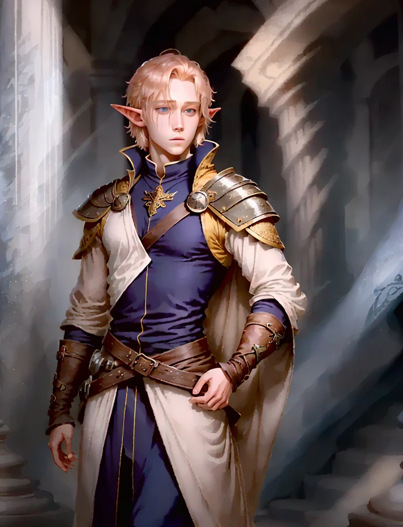 A dnd charitee who is a cleric half elf male who is handsome and young he is blond and has blue eyes