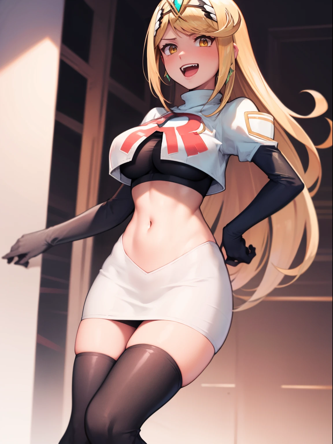 mythra \(xenoblade\), blond hair, yellow eyes, team rocket uniform, red letter R, white skirt,white crop top,black thigh-high boots, black elbow gloves, evil laugh,