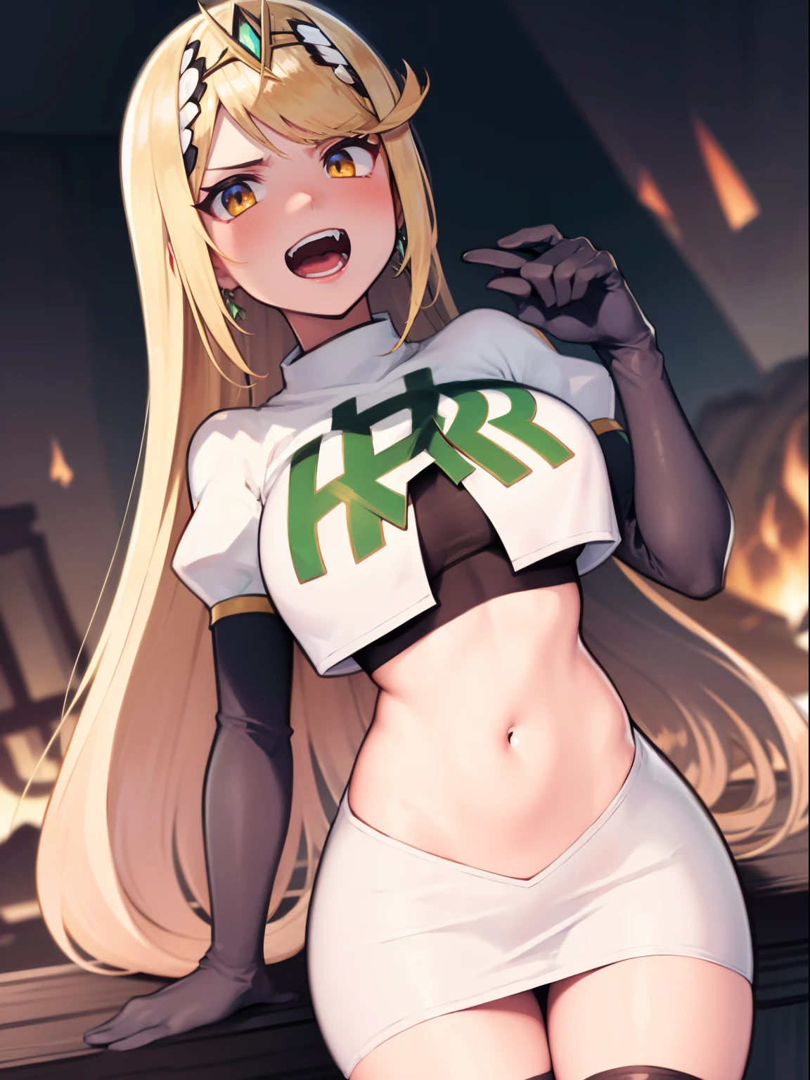 mythra \(xenoblade\), blond hair, yellow eyes, team rocket uniform, red letter R, white skirt,white crop top,black thigh-high boots, black elbow gloves, evil laugh,