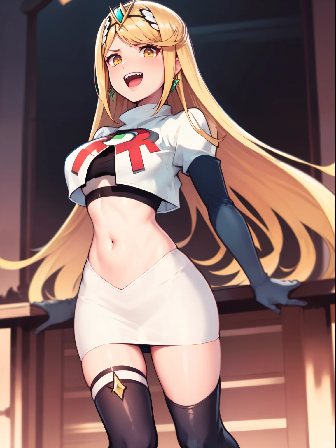 mythra \(xenoblade\), blond hair, yellow eyes, team rocket uniform, red letter R, white skirt,white crop top,black thigh-high boots, black elbow gloves, evil laugh,