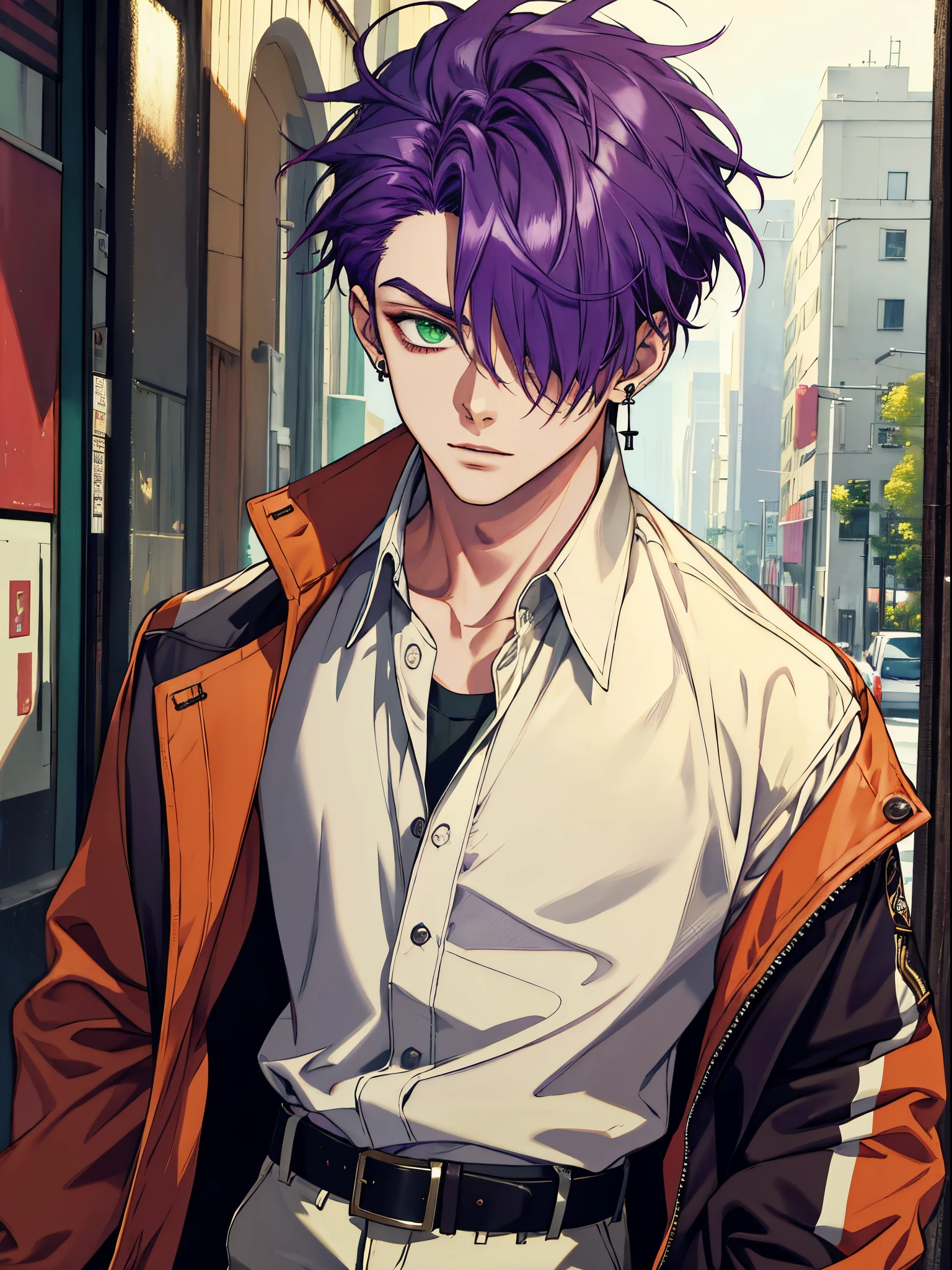 best quality, masterpiece, highres, 1boy,male,solo,upper body, sampo,purple hair,green eyes,hair over one eye,jacket,shirt,earrings,belt