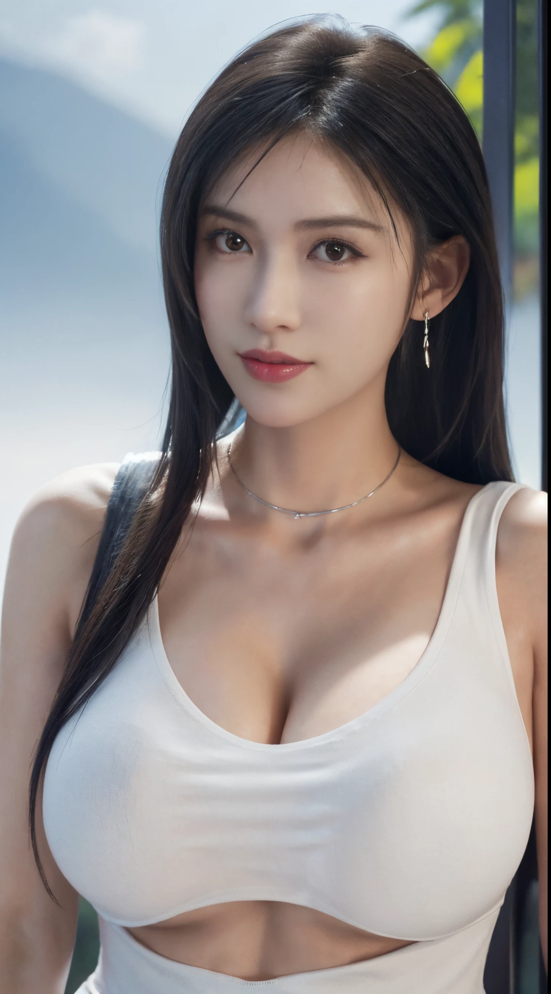 8K，hyper HD,tmasterpiece， Best quality， cinematic Film still from， 1 plump girl， with blue sky and white clouds， Low-cut ?????????????????， Colossal ????，Colossal ????，Bigchest，low ?????， Close-up cleavage， bright， cheerful， Warm and soft lighting， （fog atmosphere： 0.7） no brassiere，(Low-cut T-shirt:1.3)，Wear earrings，overmany，ssmile, choker necklace，Colossal ????，pretty  face