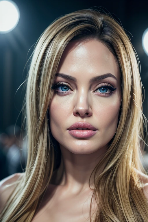 (best quality,4k,Alto:1.2),ultra-detalhado,Realistic, professional, studio lighting, vivid colors, sharp focus, Physically-based rendering,HDR, extremely detailed eyes and face, beautiful detailed lips, long eyelashes, Actriz Angelina Jolie, woman 20 years, blond, Curvy, Looking at the Viewer, naked
