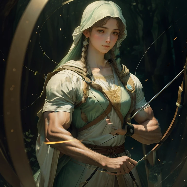 (best quality,4k,8k,highres,masterpiece:1.2),ultra-detailed,realistic,sharp focus,physically-based rendering,professional,vivid colors,bokeh,archer,action-packed scene,adrenaline rush,powerful shots,precise aim,archer in mid-air,archer with intense concentration,archer drawing back the bowstring,arrow flying through the air,slow-motion effect,leaping from a height,fierce determination,heroic pose,bullseye target,bow and quiver,archery range,sunset backdrop,rays of sunlight illuminating the archer,athletic physique,muscle definition,flowing cloak,feathers on the arrows,motion blur,emotions of thrill and excitement,competitiveness in the archer's eyes,determination etched on the archer's face,color grading to enhance the intensity of the scene,contrast and saturation adjustments to create a visually stunning image