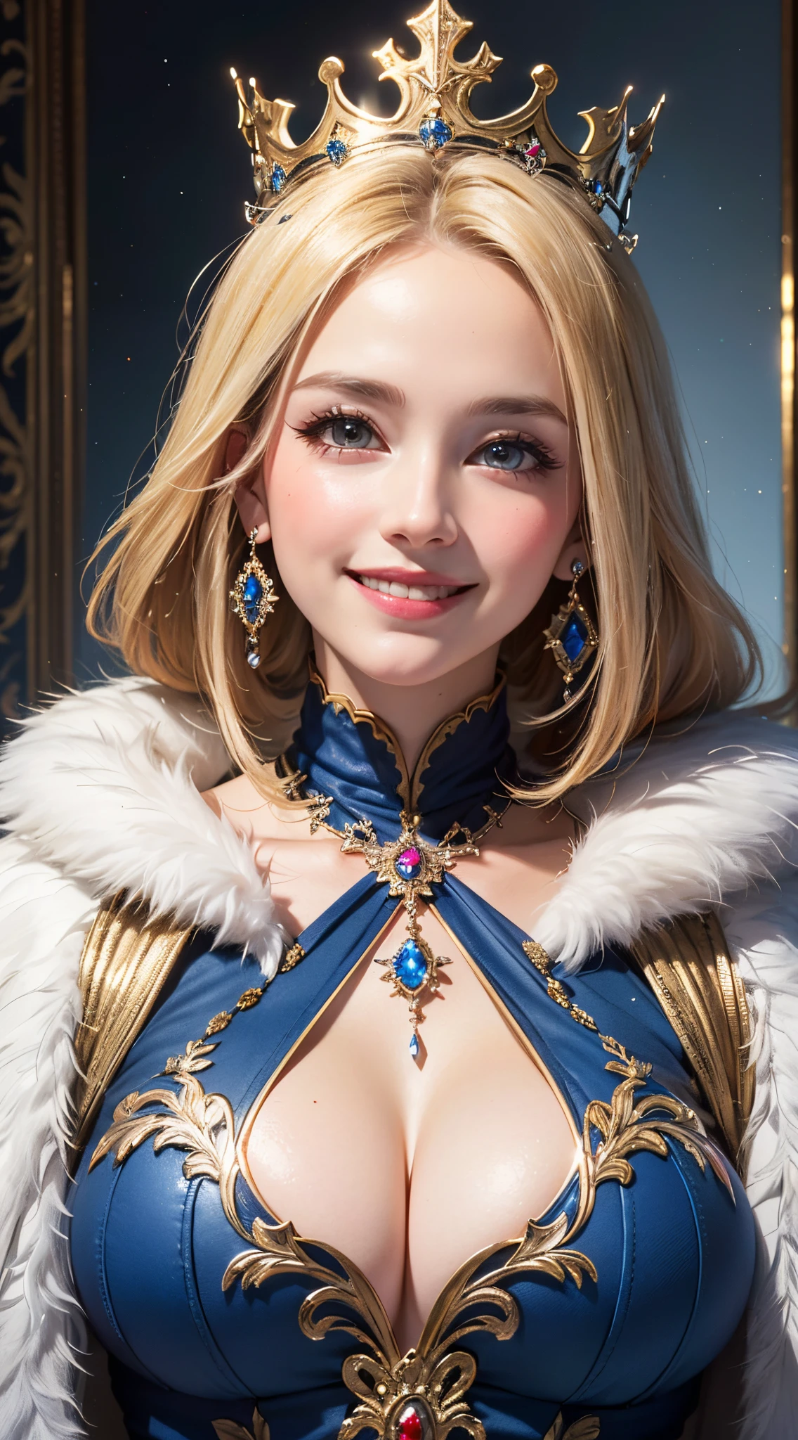 (UHD, retina, masterpiece, ccurate, anatomically correct, textured skin, super detail, high details, high quality, best quality, highres, 1080P, HD, 4K, 8k, 16k), (beautiful detailed eyes, beautiful detailed lips, extremely detailed eyes and face), studio lighting, physically-based rendering, vivid colors, (big tits, super big tits, super extra big tits, glamorous body), (crown, luxurious royal blue cloak, white fur, jewels, ornaments, royal coat of arms), (portrait, blonde hair, shiny hair, shiny skin), (bokeh), (tilt your head to the side:1.5), eye reflection, (blush, smile:1.5),
