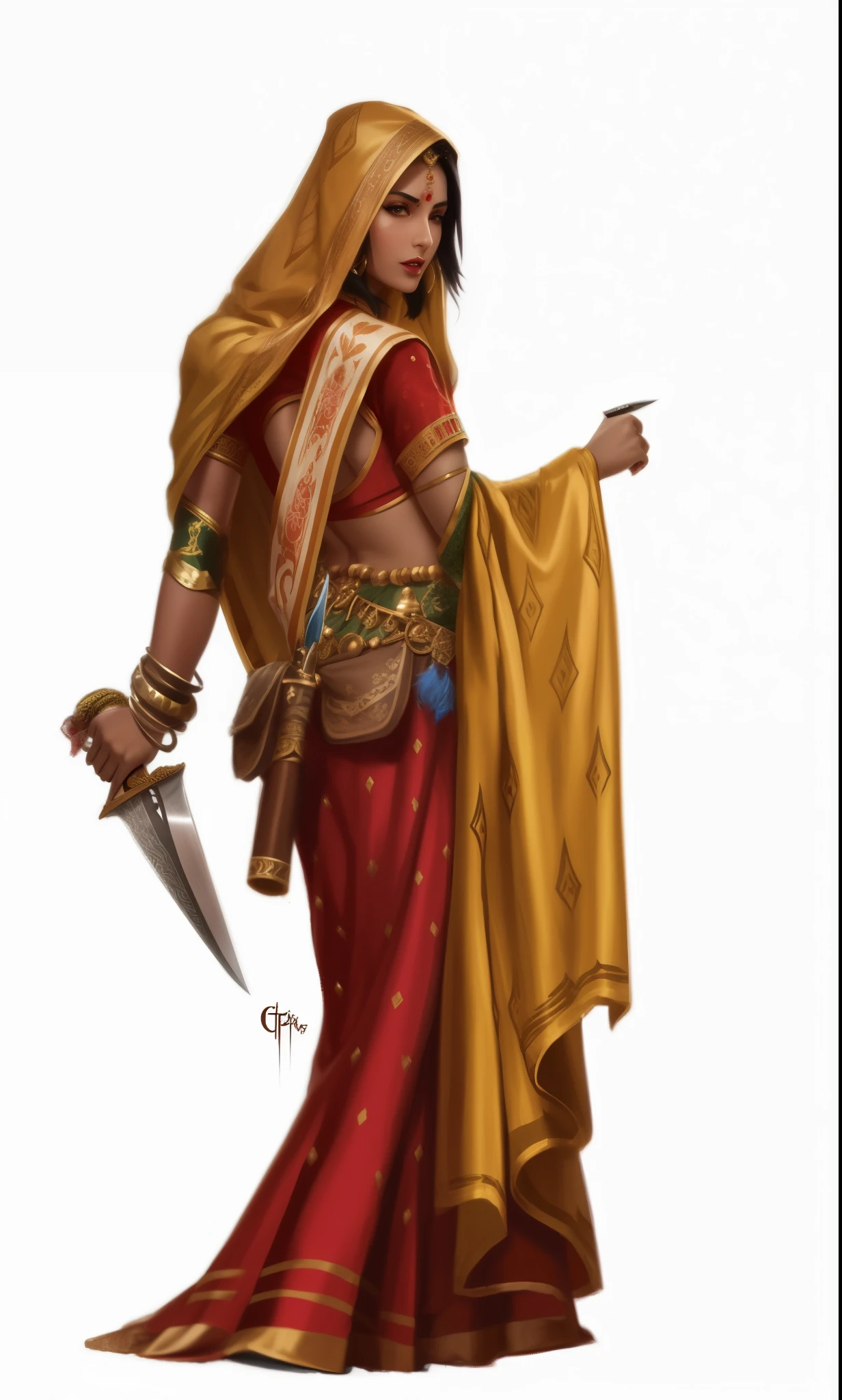 a woman in a red sari holding a knife and a knife, from pathfinder, d&d dark sun character art, kaladesh concept art. mechanical, north adult female warrior, apsaras warrior, by Saurabh Jethani, fantasy d&d character, d & d fantasy character, d & d character, d&d character, attractive tiefling druid