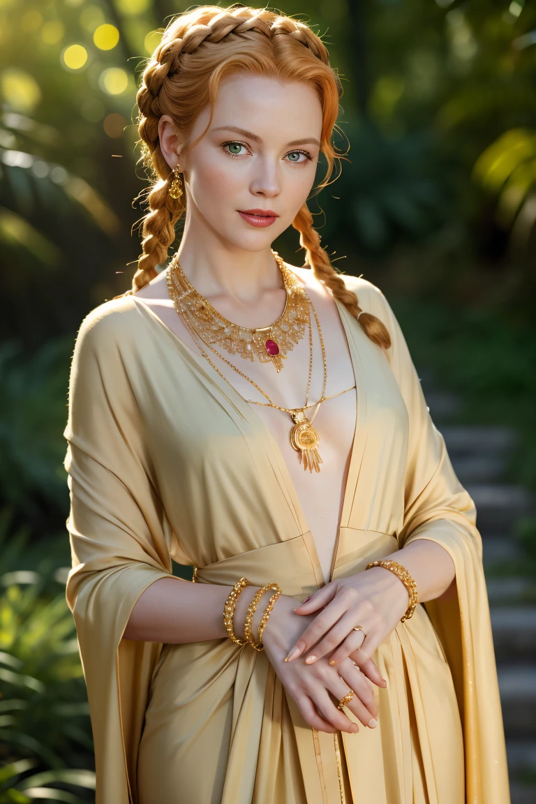 (Grace Kelly:Marilyn Monroe:0.5), A 35-year-old woman with ginger hair, high detail face, high detail skin, detailed green eyes, twin braids, a gold necklace with a ruby pendant, wearing a plunging white Greek robe, Roman sandals, gold bracelets on her arms, legs, forest in the background, masterpiece, extremely high detail, cinematic lighting, backlight, shallow depth of field, bokeh, sharp focus, RAW photo