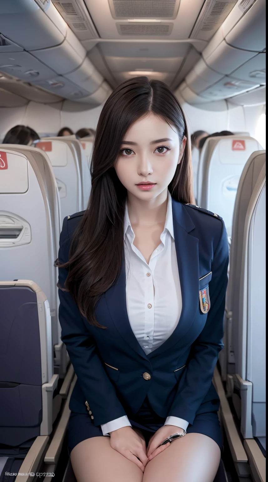 Top  Quality, Masterpiece, 8K, Ultra High Definition, (Photorealistic: 1.4), 1 Girl, beautifull face, symmetry eyes, Big, perfect body proportions, Stewardess uniform, The beholder's gaze, (Inside the Airplane: 1.2), Front view, shoulder jump, Absolute area (1.3),