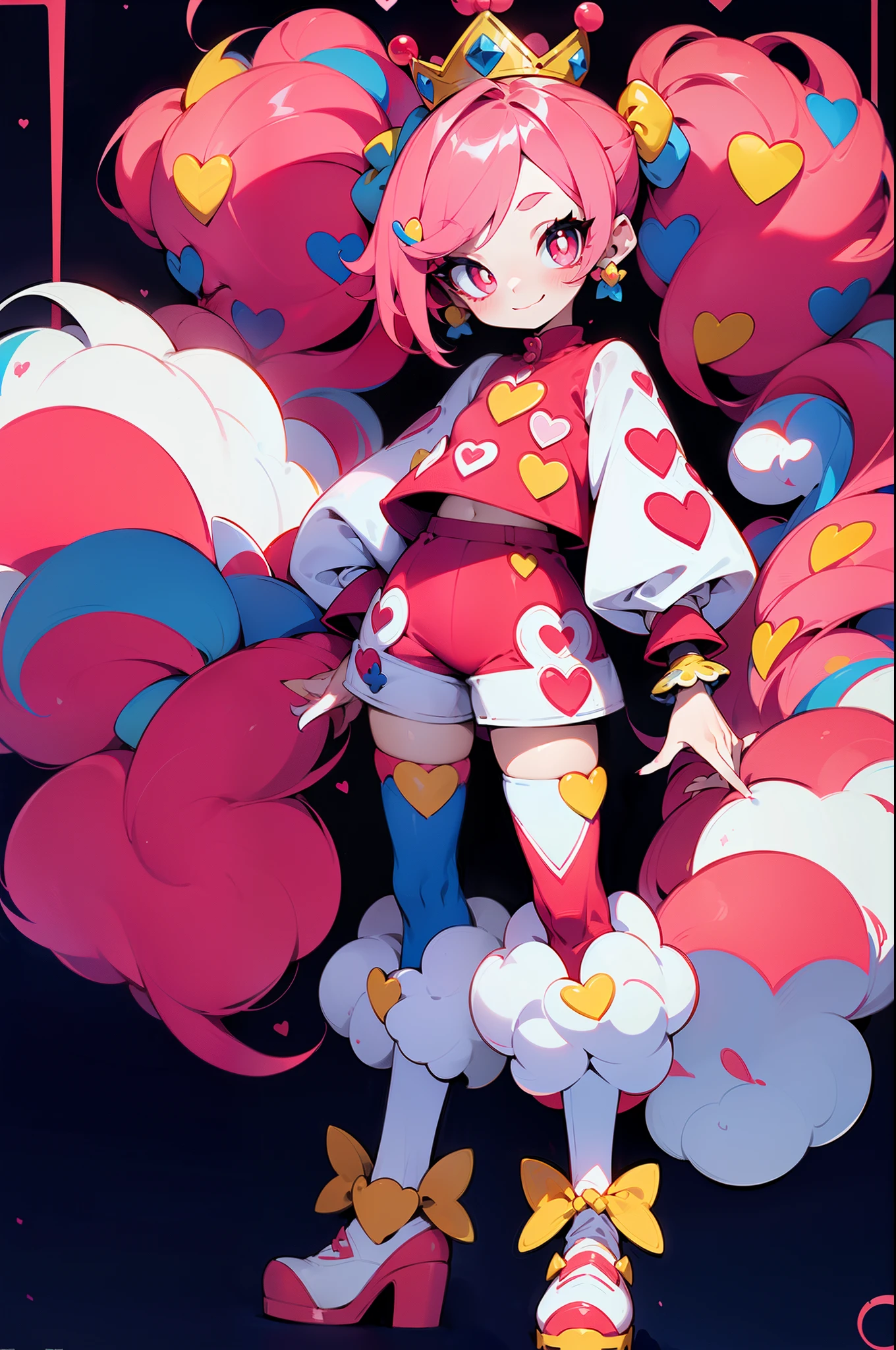 crazy cloud haired girl, pink hair, full body picture, pink eyes, heart shaped pupils, insane smile, blood splatter, 1GIRL, insane girl in long pink hair, crown, princess bubblegum style, finely detailed, (best quality), (intricate details), cute style, loli, jester style, multicolored, ((long pink messiest hair in pigtails)), best quality, ((long sleeve shirt and shorts)), ((red and white clothes)), ((jester style clothes)), ((thigh high socks)), ((round eyes)), ((has jester makeup)), beautiful face, happy, cute face, pinup, perfect face, simple background portrait, clowh hear cards, bubble gums