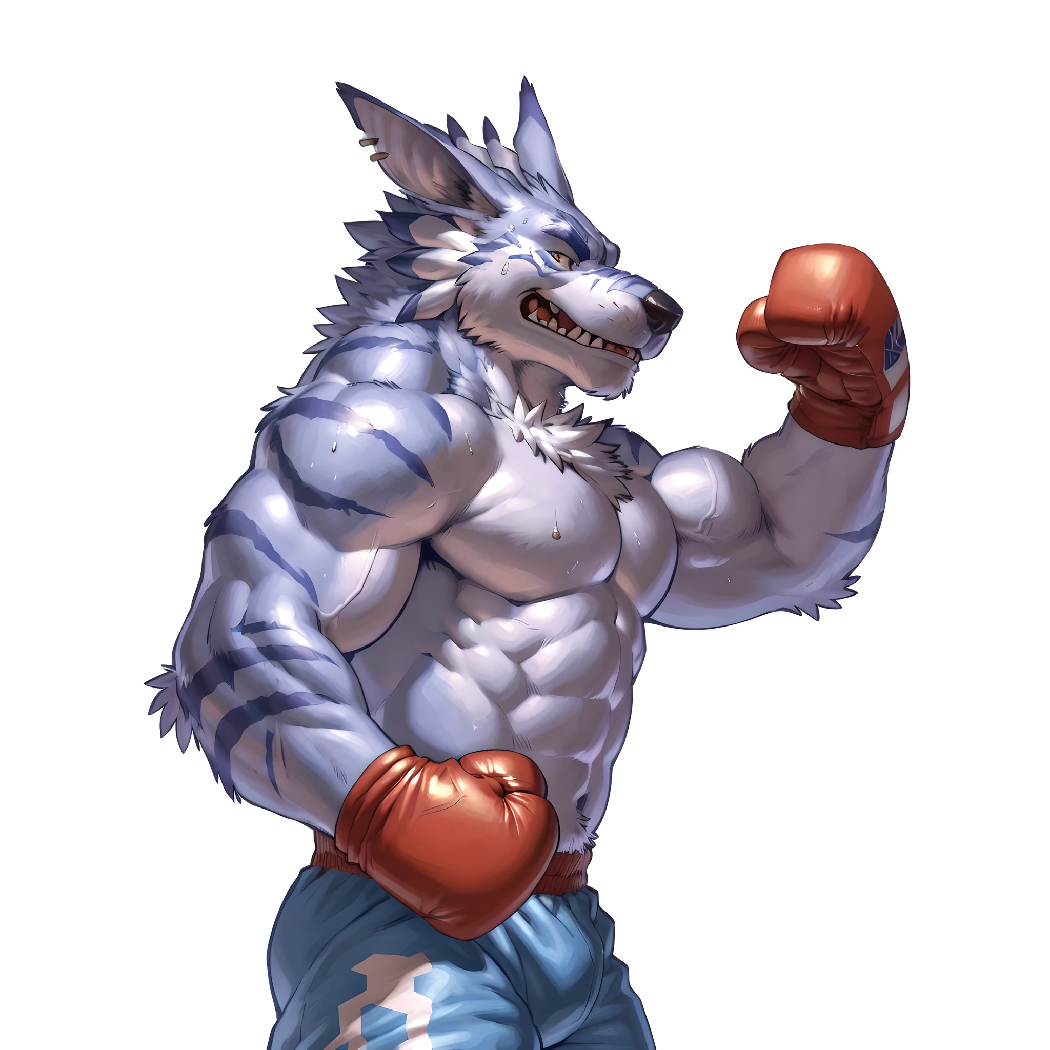 ultra quality:1.4, soft shading, smooth comics style, (by takemoto arashi, by meesh, by Taran Fiddler), solo, weregarurumon:1.1, boxing, (very muscular, athletic build, heavyweight, strong chest), (white background, no background:1.0) correct anatomy, anime martial arts, sweat, strong, masculine, wearing boxing gloves, detailed boxing gloves, red boxing gloves, boxing trunks, big vascular veins:1.1, posing for camera, flexing bicep, teeth, detailed face, detailed eyes