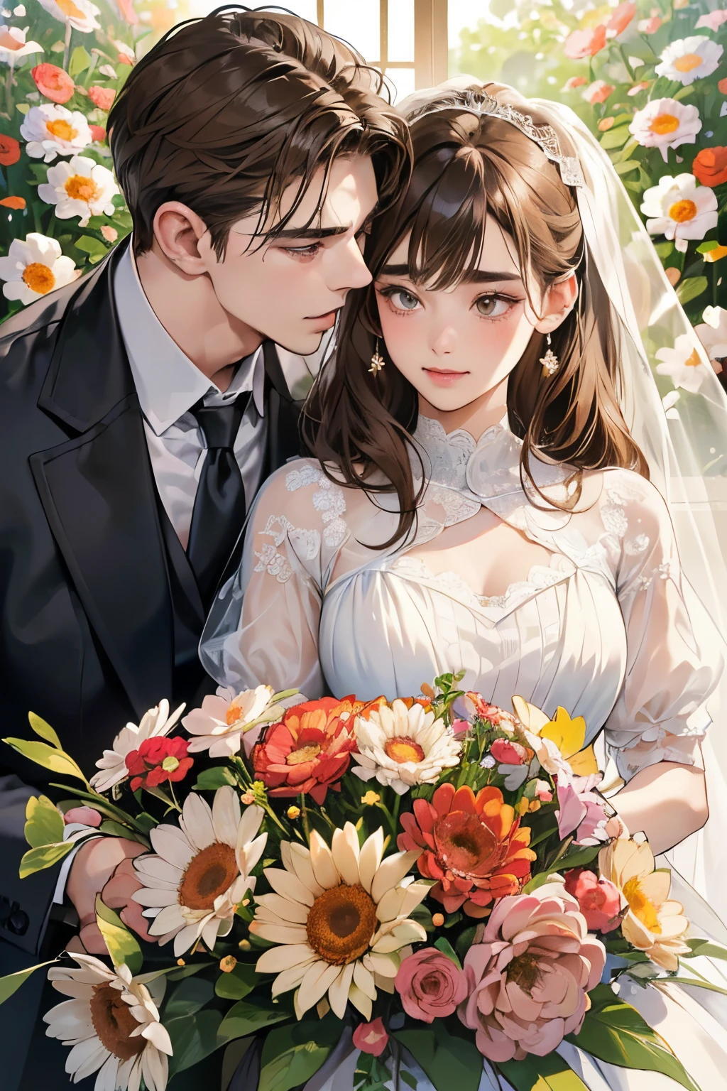 (table top, digital art, digital illustration, 4K, 8K, super detailed, beautiful images, clear image, realistic, RAW photo, perfect face, perfect lines, perfect eyes, soft lighting) 1 female, (light brown hair,bun hair,innocent look,droopy eyebrows,drooling eyes,With a round face,Round jaws、innocence,cute,Big eyes,natural makeup,smile gently,E cup,23 year old female:1.3),Two handsome men in suits, (human,Men in suits,muscular,Firm shoulder width, mens,boyish hairstyle,A man in his 30s with a cool expression,28-year-old man with bright smile:1.2),Antique furnishings,Antique Clamps,Antique chair,chandelier,crystal glass,luxury,fantastical light,Marble fireplace,(embarrassing from,shy smile,Bouquet of white lilies:1.2),Antique sofa,Leather sofa,the kiss、kiss、couple、couple kissing、romance、Pure white dress、wedding style、sex、wet genitals、put in 、overflowing、slight smile、Pitiful、Report,Full body painting,(one girl and one man,have :1.5),(human, mens,Rubbing the girl's boobs:1.2),blushing、gasping face、embarrassing、boredom、begging、Unfortunate、Greedy expression,wet genitals、 xen、Please open your thighs wide.、blushing、gasping face、embarrassing、boredom、begging、Unfortunate、Greedy expression,wet genitals、 xen、Please open your thighs wide.、Cowgirl、Breasts porori、exposed chest、lace underwear、Take off your underwear、transparent nipples、Roll up the hem of your nightgown、show panties、Plug-ins、 penetrated by genitals、Take off your underwear and show your chest、Licking ears、she spread her legs wide、I play with my wet genitals with my fingers.......................、shining face、drenched in sweat、
