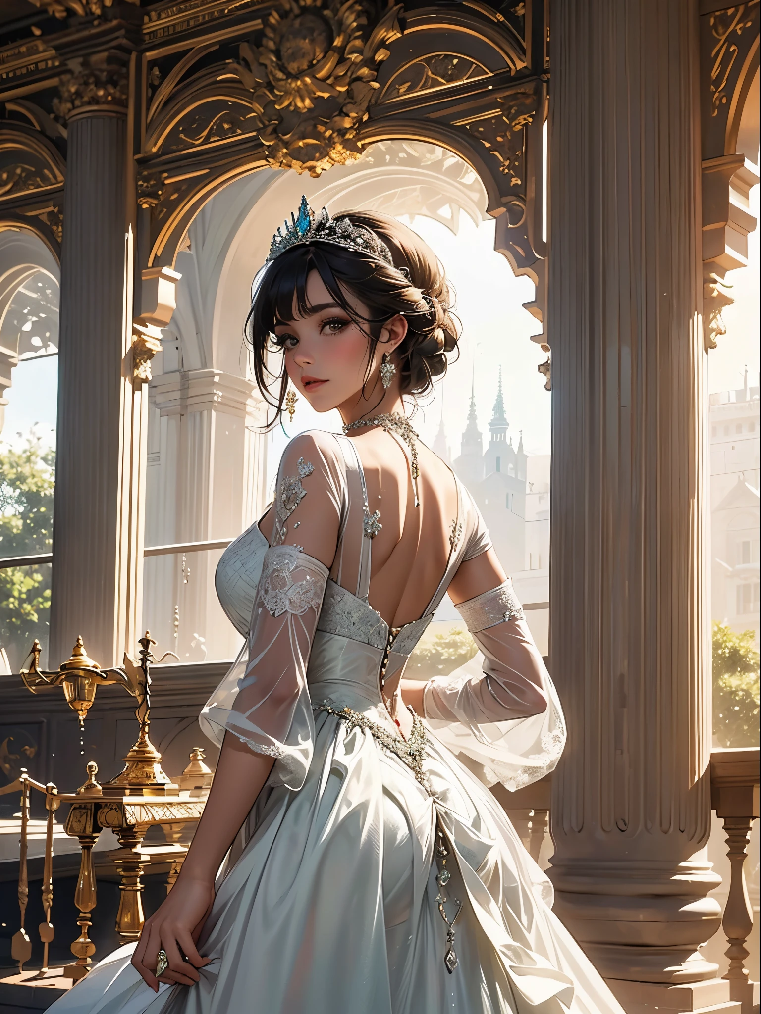 ((Trabalho de alta qualidade)), The lines are clear and concise, O vestido verde e a linda renda plissada se complementam, o que enriquece as camadas de todo o quadro, The graceful Edwardian lace dress and princess skirt add a lot to the character, the gesture with the back of the hand back back , It also shows the gentle and elegant side of women.