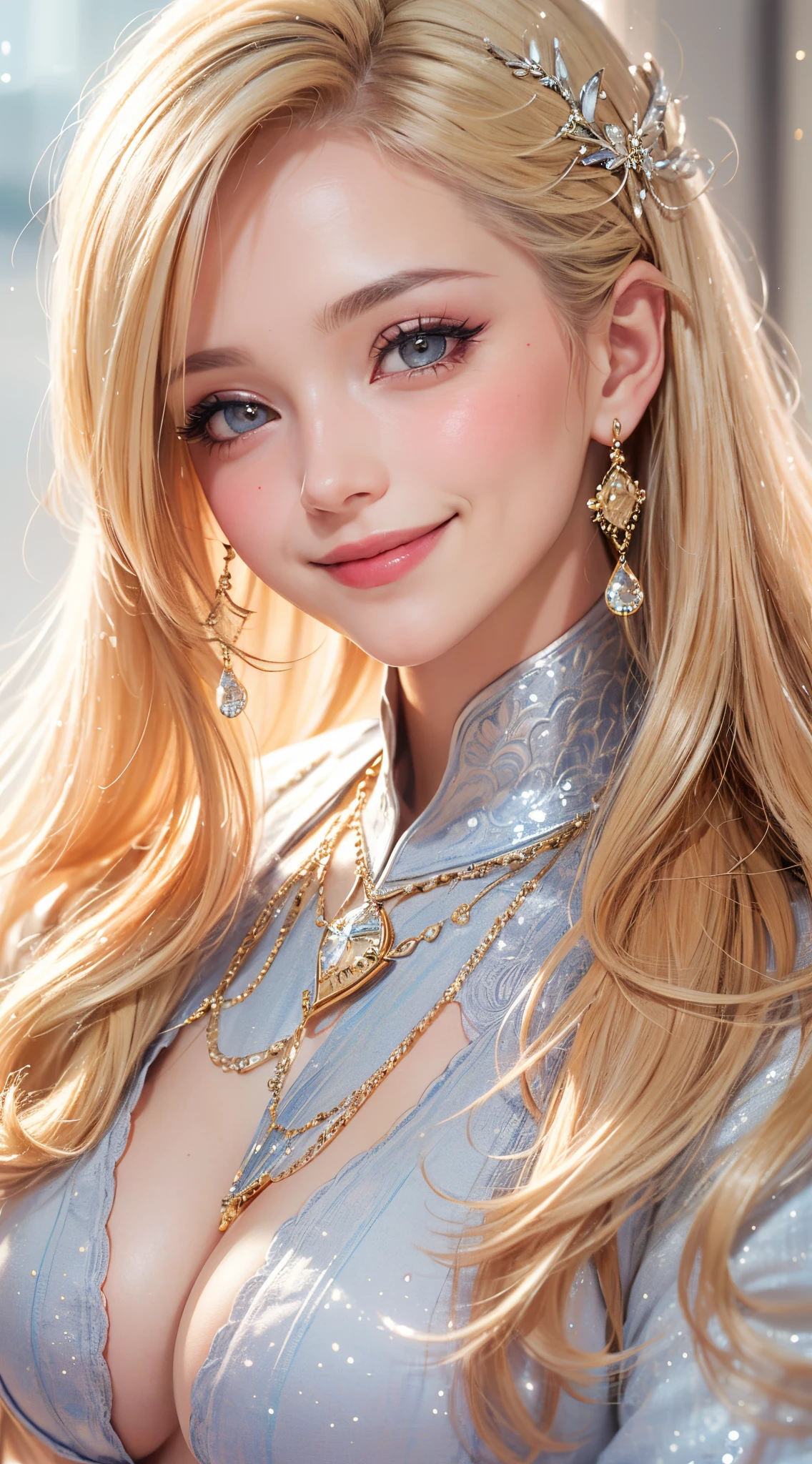 (UHD, retina, masterpiece, ccurate, anatomically correct, textured skin, super detail, high details, high quality, best quality, highres, 1080P, HD, 4K, 8k, 16k), (beautiful detailed eyes, beautiful detailed lips, extremely detailed eyes and face), studio lighting, physically-based rendering, vivid colors, (big tits, super big tits, super extra big tits, glamorous body), (wizard:1.5), (portrait, blonde hair, shiny hair, shiny skin), (bokeh), (tilt your head to the side:1.5), eye reflection, (blush, smile:1.5),