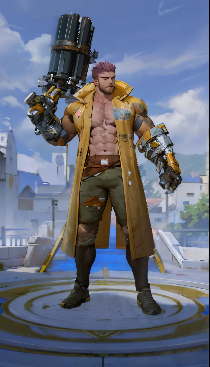 best quailty：1.0），bodybuilder（The ultra-Highres：1.0），Anime boys，Short lilac hair，Off-white eyes，in  the gym，Muscles are strong，Pectoral and abdominal muscles，Pink tight shorts，No shirt extremely tall extremely masculine muscular man,, giant muscular, extremely masculine muscular guy, inflated muscle