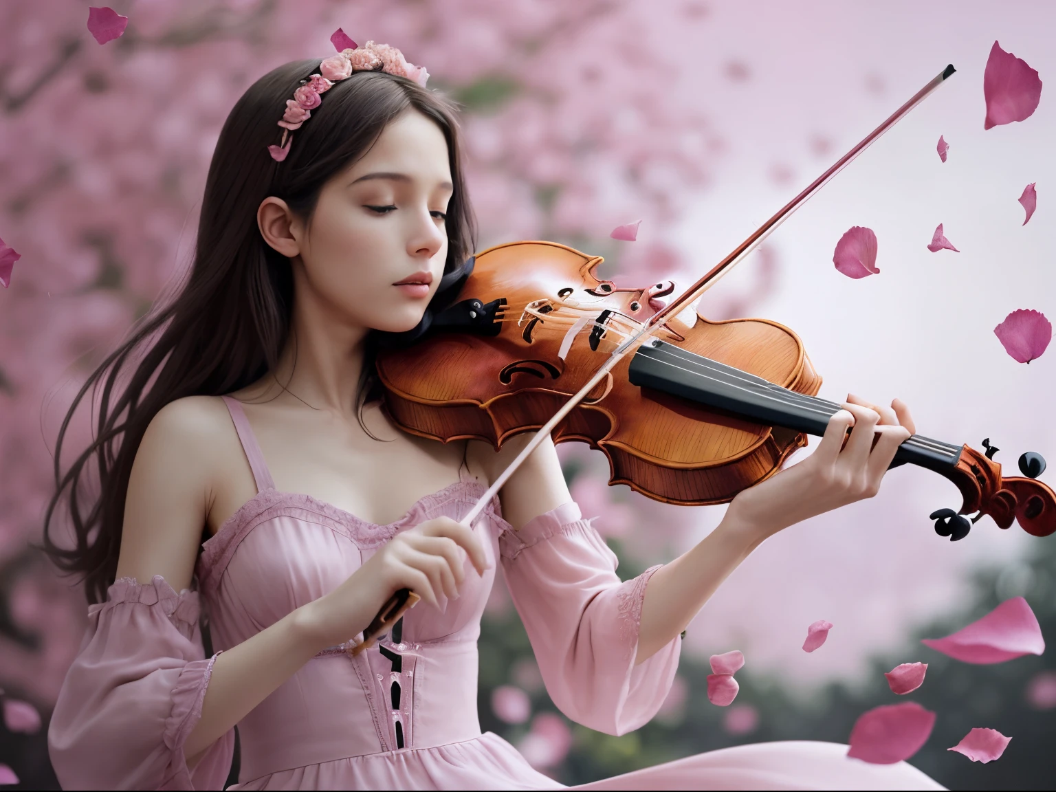 Um close de um violino e um arco marcado um no outro, violinoo fantasia | | | |, (violinoo fantasia | | | |), masterful composition!!!, beautiful composition, violino, em cima de um violino, wonderful compositions, music in the air, artistic!!! compositing, incredible composition, pink and bluish blurred background of rose petals from 50mm lens in the air, um instrumento, instrumentos musicais, ✏️🎨, music is life, spectacular composition