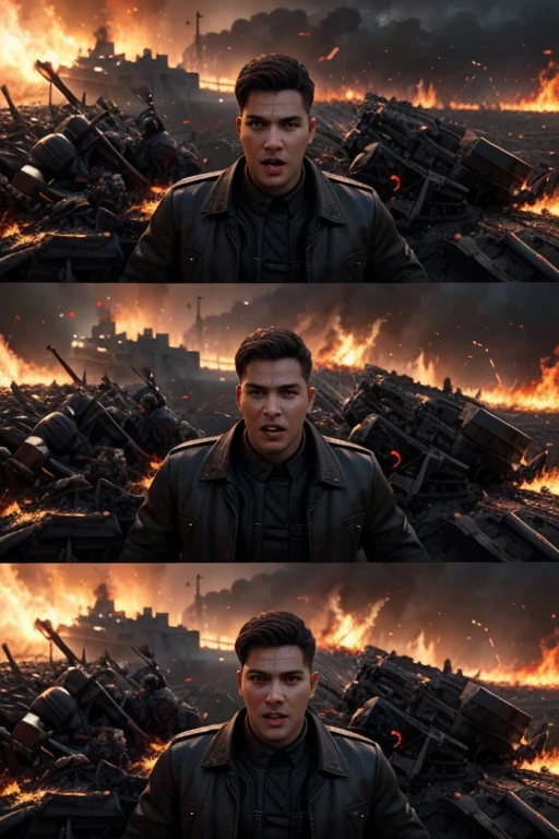 Youtuber dream, he is leading an army of 100 people, variants that look exactly like him, into a big war, there is fire spread all around but they are all furiously charging ahead to batlle
