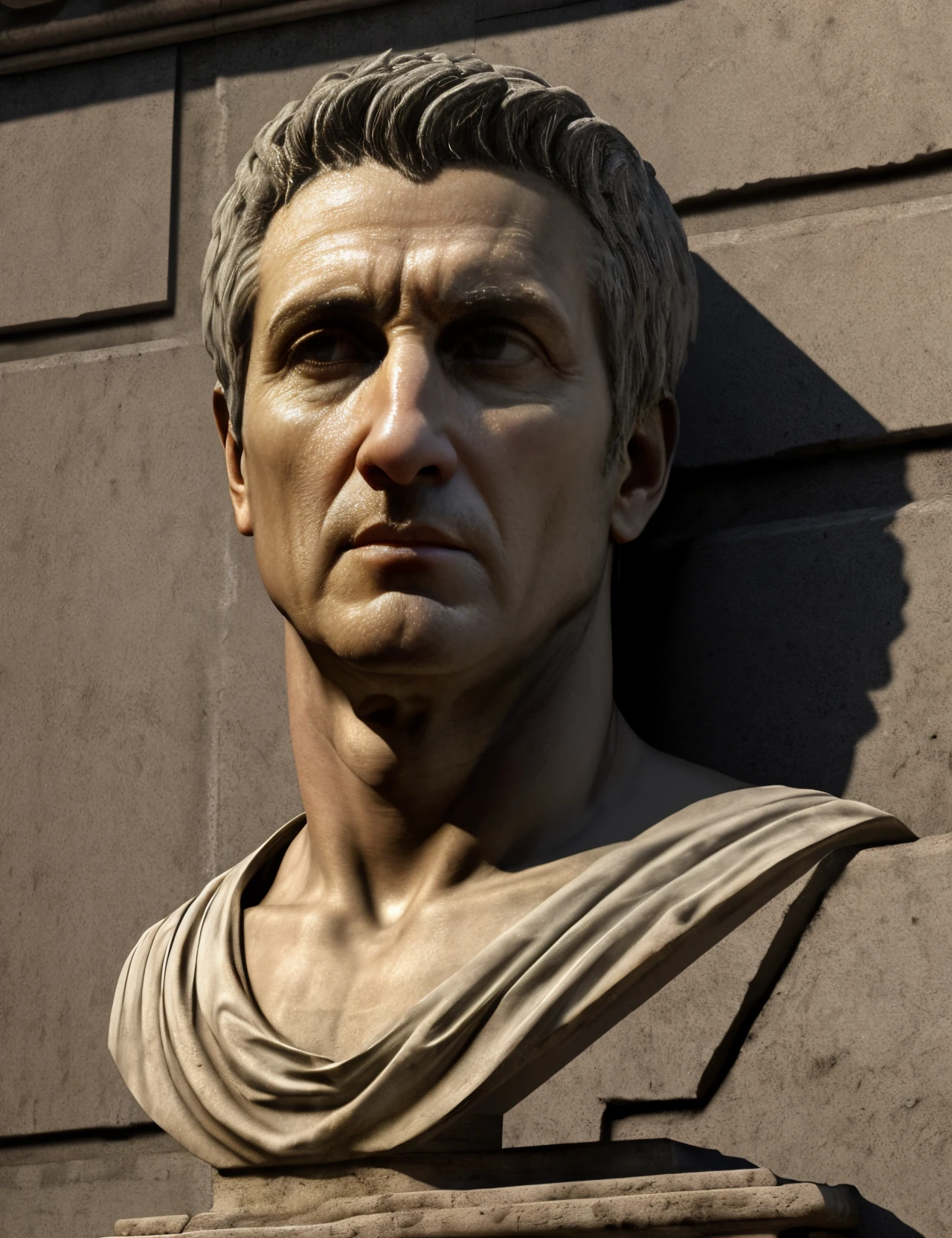 Realistic 3D portrait of Julius Caesar looking directly at the camera, showing off his imposing stature and determined expression. Certifique-se de capturar os detalhes de sua toga romana e olhar perspicaz. The scene should evoke the power and authority of the Roman Empire and the opulence of the character