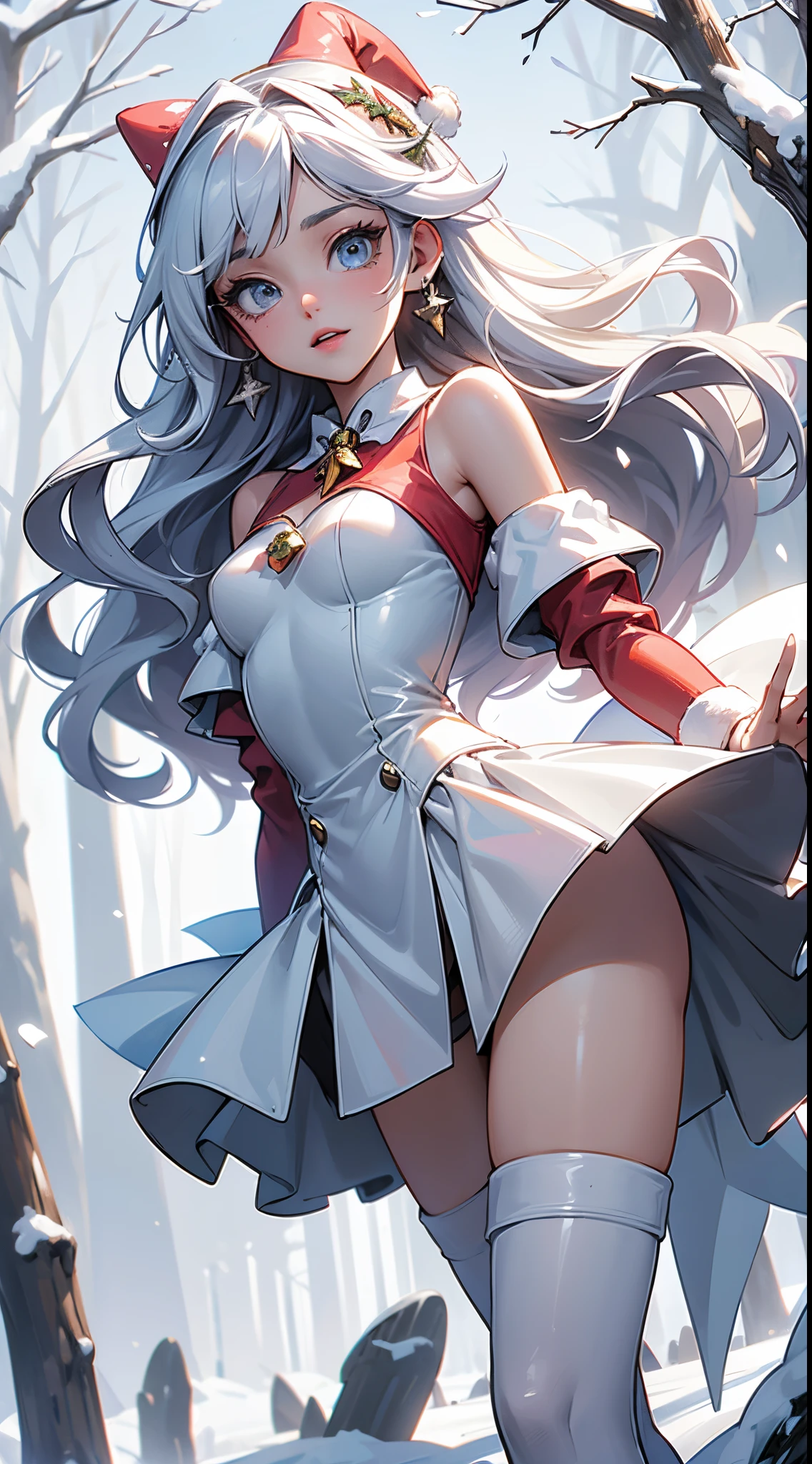 Ariana Grande  vestido con un traje de pie sobre un puente., y 2 k cutecore clowncore, Traje de sirvienta, Loli en vestido, Traje con volantes,(mini traje santa claus:1.4), (botas white muslo),(Medias white encaje), de un catboy! Sirvienta! vestido, fancy suit, Chica de anime con disfraz de sirvienta, vestido de sirvienta, vestido con volantes ((harapiento)), cuerpo completo! cara bonita,,More detailed 8K.motor irreal:1.4,UHD,La mejor calidad:1.4, fotorrealista:1.4, textura de la piel:1.4, obra maestra:1.8,obra-prima, mejor calidad,objeto Objeto], (detailed face features:1.3),(manos detailed),((Las proporciones correctas)),(Ojos hermosos azules),convexo，Dedos de camello，(background forest white trees snow falling:1.4) ,(Copos de nieve:1.4)