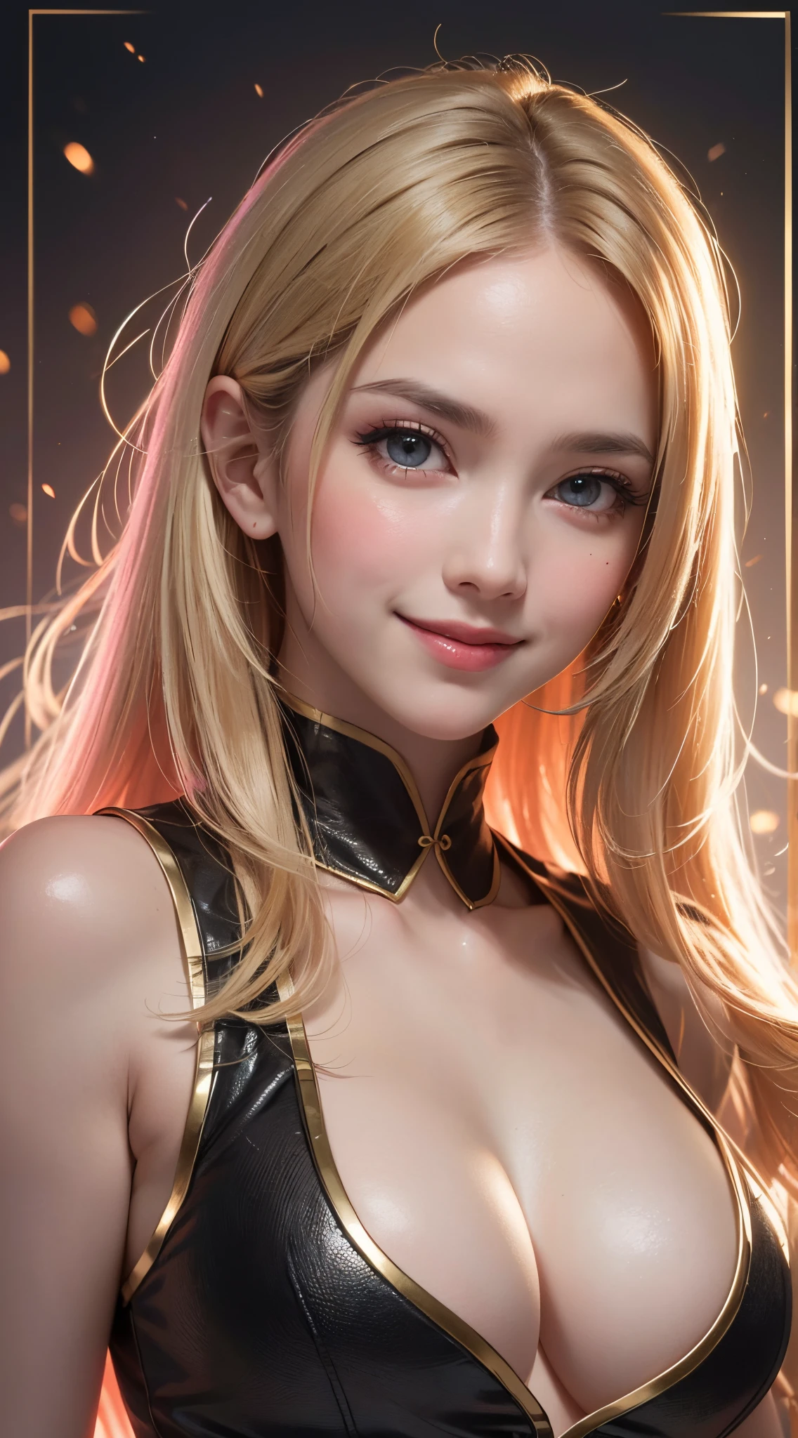 (UHD, retina, masterpiece, ccurate, anatomically correct, textured skin, super detail, high details, high quality, best quality, highres, 1080P, HD, 4K, 8k, 16k), (beautiful detailed eyes, beautiful detailed lips, extremely detailed eyes and face), studio lighting, physically-based rendering, vivid colors, (big tits, super big tits, super extra big tits, glamorous body), (martial artist:1.5), (portrait, blonde hair, shiny hair, shiny skin), (bokeh), (tilt your head to the side:1.5), eye reflection, (blush, smile:1.5),