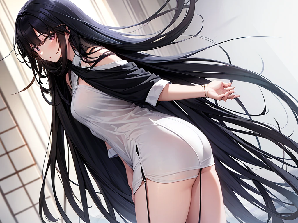 A beautiful woman with beautiful long black hair hanging over her shoulders