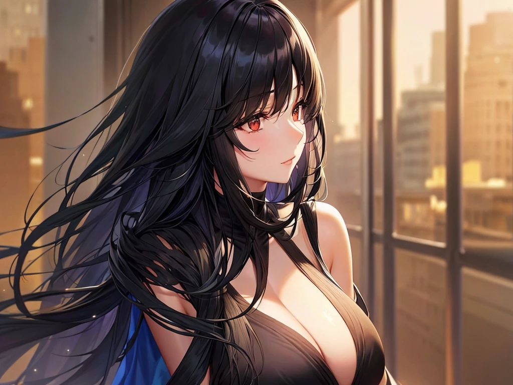 A beautiful woman with beautiful long black hair hanging over her shoulders