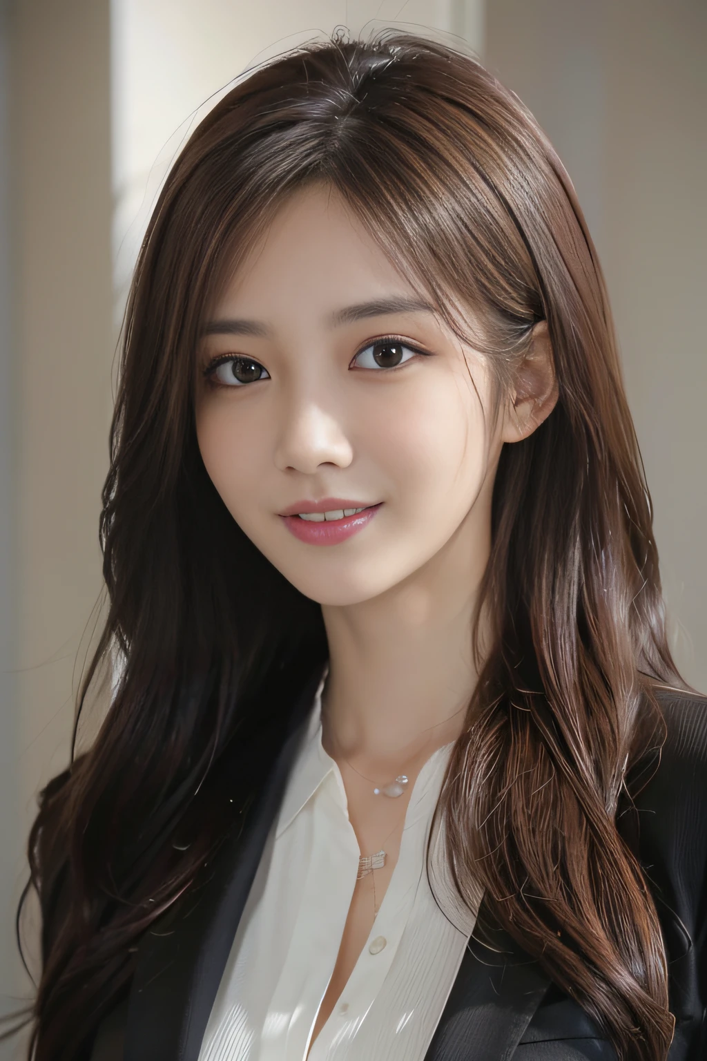 masutepiece, Best Quality, Photorealistic, Ultra-detailed, finely detail, High resolution, 8K Wallpaper, 1 beautiful woman,, light brown messy hair, in a business suit, foco nítido, Perfect dynamic composition, Beautiful detailed eyes, detailed hairs, Detailed realistic skin texture, Smiling, Close-up portrait, Model body type