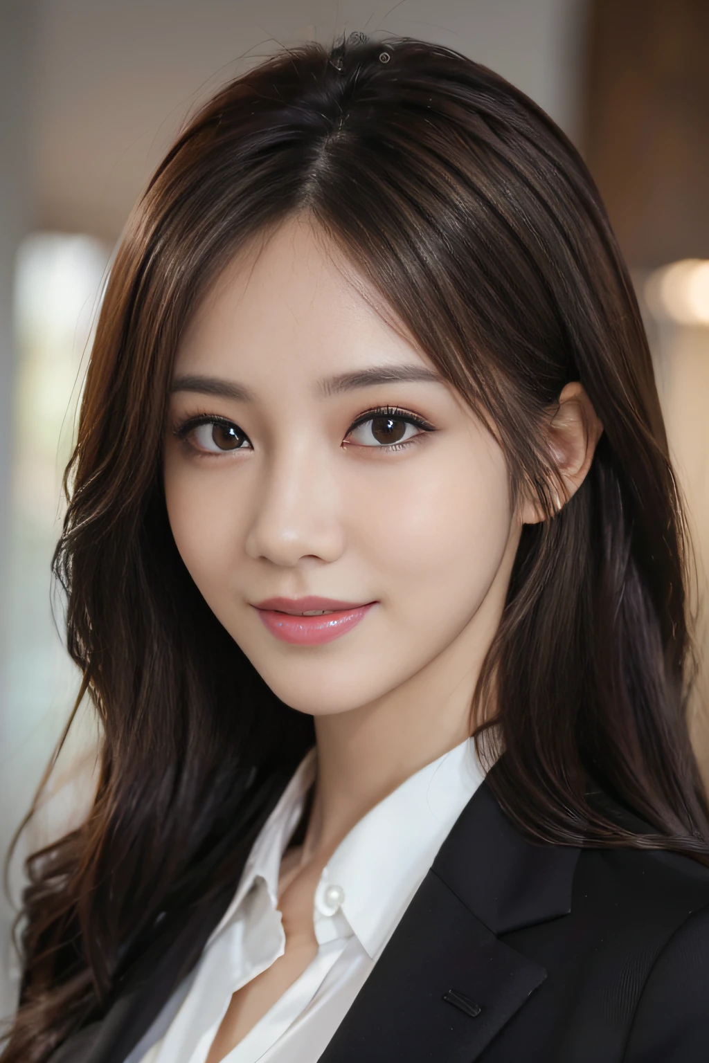 masutepiece, Best Quality, Photorealistic, Ultra-detailed, finely detail, High resolution, 8K Wallpaper, 1 beautiful woman,, light brown messy hair, in a business suit, foco nítido, Perfect dynamic composition, Beautiful detailed eyes, detailed hairs, Detailed realistic skin texture, Smiling, Close-up portrait, Model body type