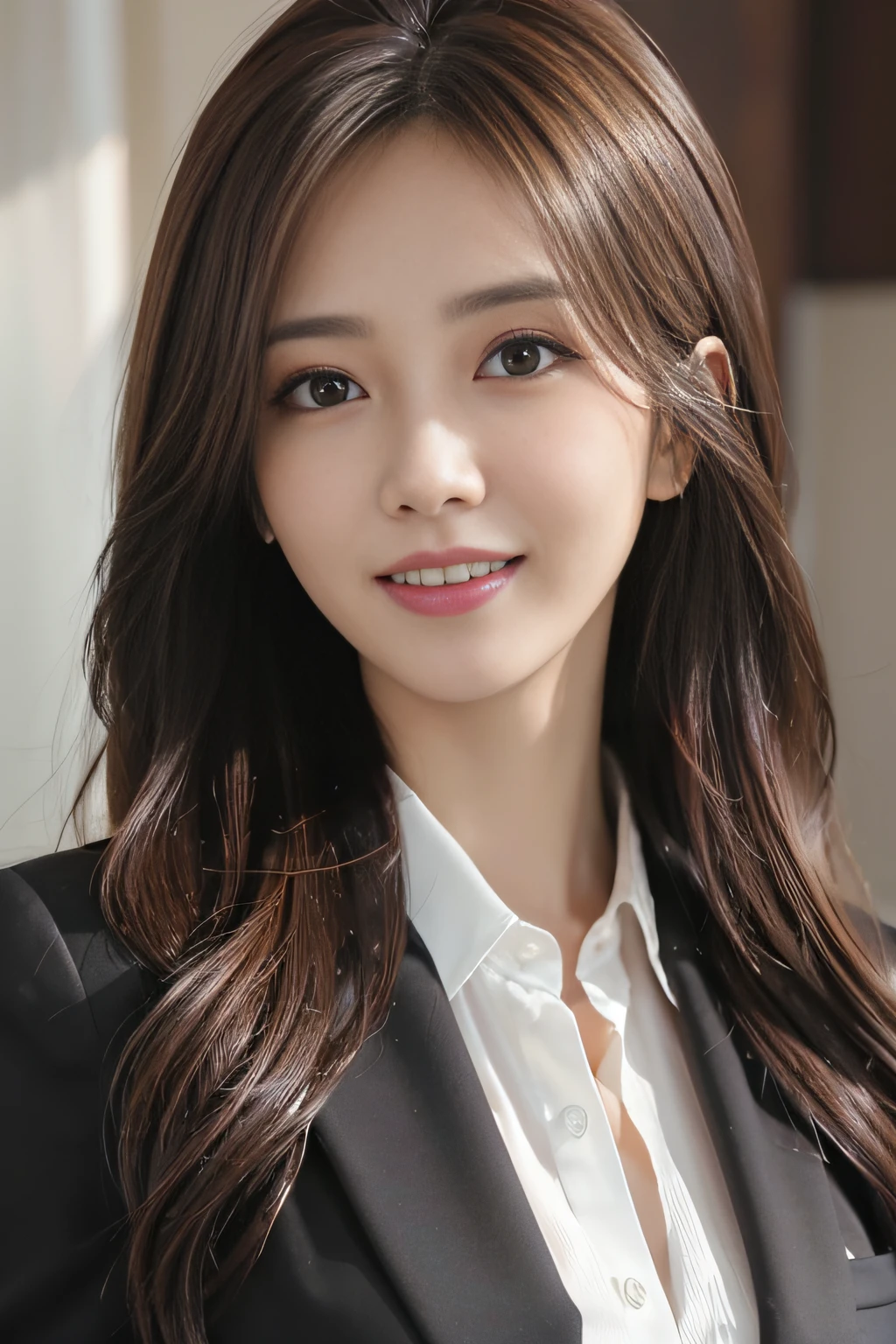 masutepiece, Best Quality, Photorealistic, Ultra-detailed, finely detail, High resolution, 8K Wallpaper, 1 beautiful woman,, light brown messy hair, in a business suit, foco nítido, Perfect dynamic composition, Beautiful detailed eyes, detailed hairs, Detailed realistic skin texture, Smiling, Close-up portrait, Model body type