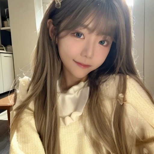 A young girl with long hair and a white sweater, Urzan, Minami Zaiwa, Chiho, 年轻cute korean face, girl cute and delicate face, korean girl, Cute and natural anime face, Cute kawaii girl, Clear and lovely face, cute korean face, Has a cute and delicate face, Young cute asian face,