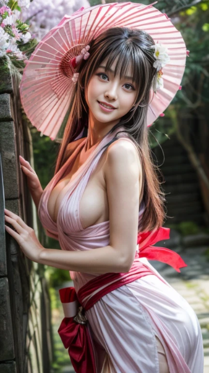 (masutepiece:1.3, Photorealsitic:1.4, 8K), top-quality, masterpiece, 超A high resolution, Perfect dynamic composition, Highly detailed skin and facial texture:1.3, A detailed eye, Detailed limbs,The precincts of a spring night:1.2, 1girl in, Cute Sexy15Slim woman, Fair skin, ((Natural smile:0.9, Totally captivates you:1.0)), ((accurate shrine maiden costume、Light pink color)), ((voluptuous breasts:0.9)), (Facing the front, randome pose), (Beautiful blue eyes, Eyes that feel beautiful eros:0.85), Sexy face:0.4, (A mouthfeel that feels beautiful eros:0.85), ((Too cute beauty:0.9))