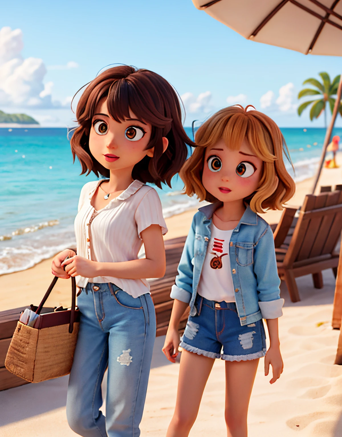 DISNEY PIXAR:TRES MEJORES AMIGAS EN LA PLAYA
Chica 1:cabello corto,rubio,piel clara,ojos marrones,labios finos.Chica 2:cabello negro y largo,piel blanca,ojos marrones, nariz y labios promedio, delineado.Chica 3:cabello rubio y largo,piel clara,ojos marrones oscuros,labios finos,coffee shade.
