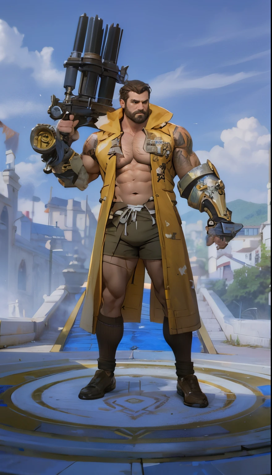 Muscular,nude , Uncle Brunette Hair,The skin is brown,Body hair is more mature,bareness,Wear only a pair of black boxer panties and a pair of white socks,The crotch is huge,Be red in the face,perspire