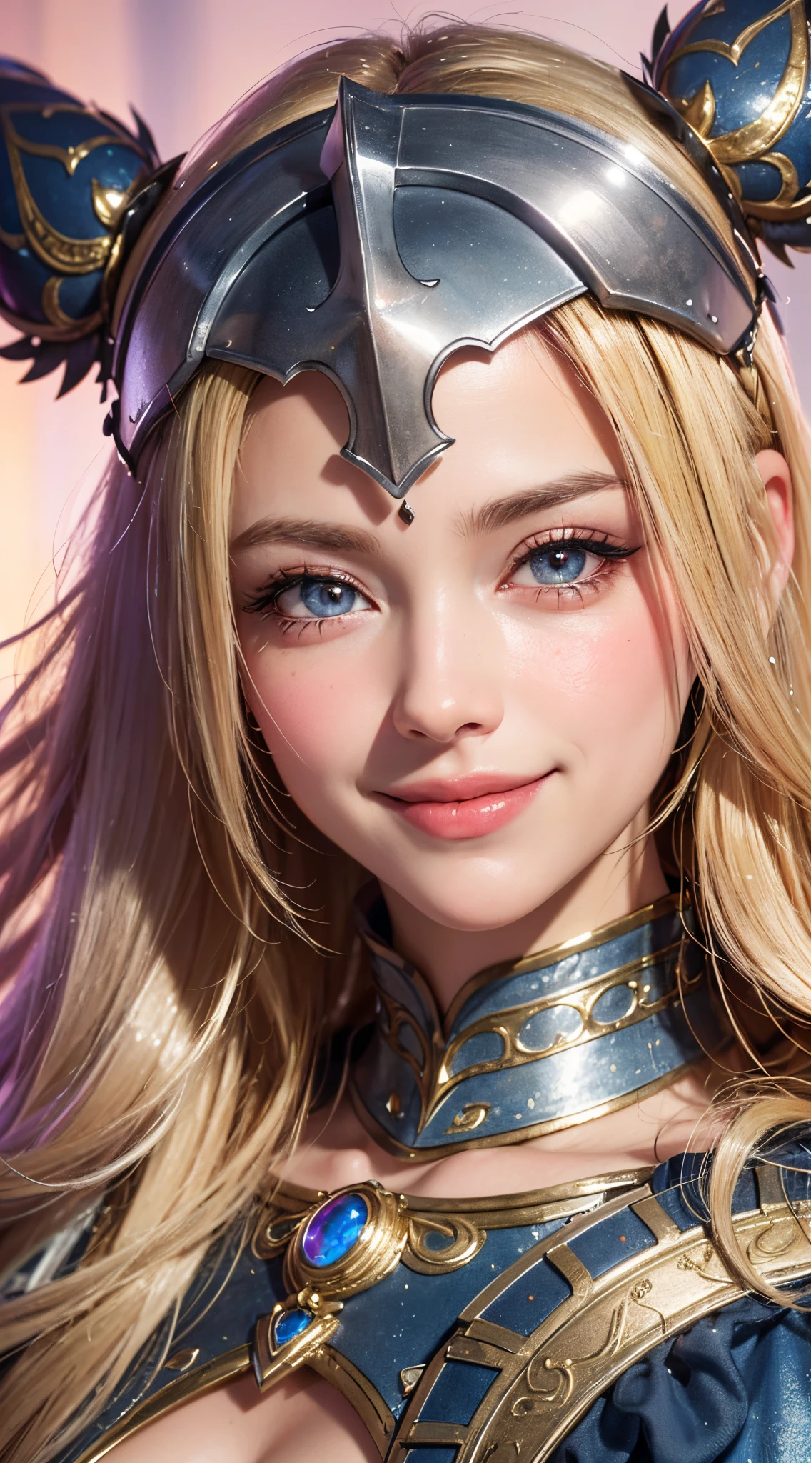(UHD, retina, masterpiece, ccurate, anatomically correct, textured skin, super detail, high details, high quality, best quality, highres, 1080P, HD, 4K, 8k, 16k), (beautiful detailed eyes, beautiful detailed lips, extremely detailed eyes and face), studio lighting, physically-based rendering, vivid colors, (big tits, super big tits, super extra big tits, glamorous body), (warrior:1.5), (portrait, blonde hair, shiny hair, shiny skin), (bokeh), (tilt your head to the side:1.5), eye reflection, (blush, smile:1.5),